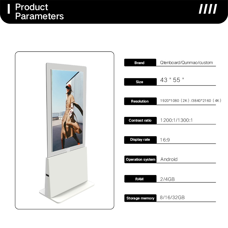Technical parameters for a transparent floor-standing digital advertising display, showing specs like 4K resolution and Android OS