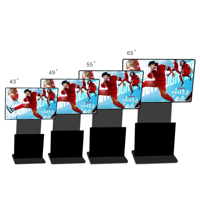 Multiple sizes of Qtenboard digital signage, rotating advertising displays from 43 to 65 inch, suitable for malls, restaurants, and offices.