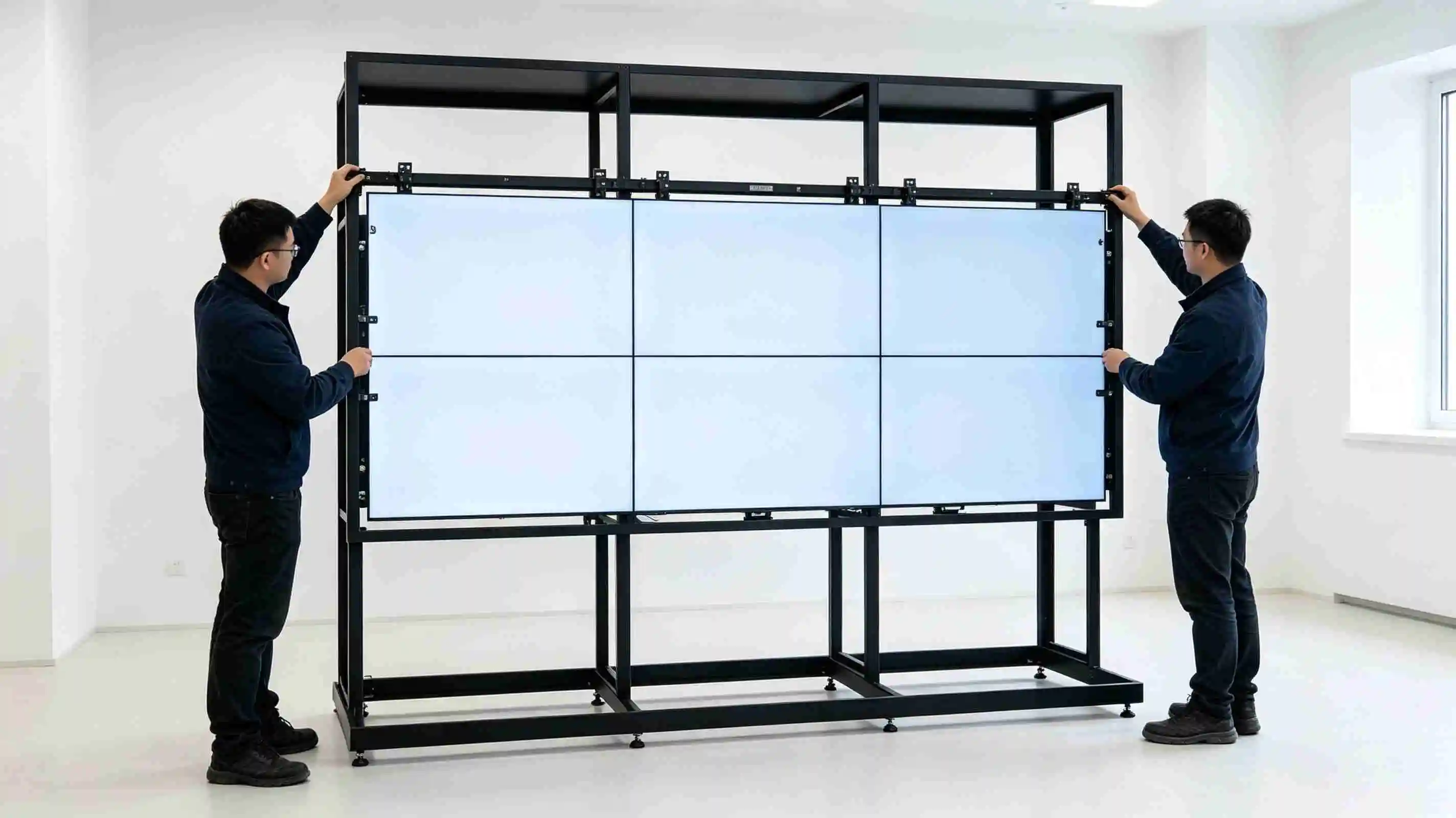 Step 3: mount LCD splicing screen panels onto the floor stand