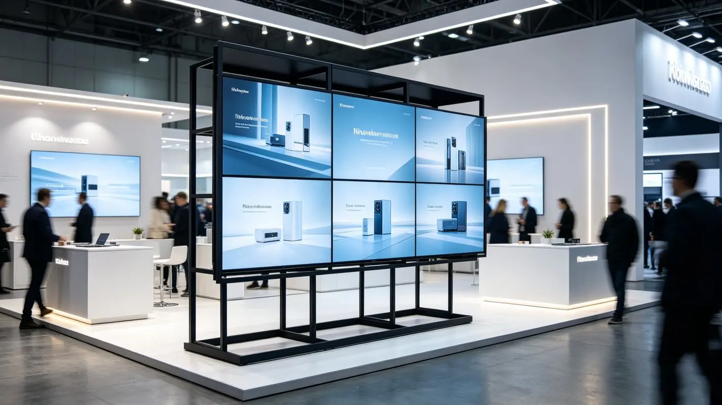 LCD video wall floor stand at a commercial exhibition booth