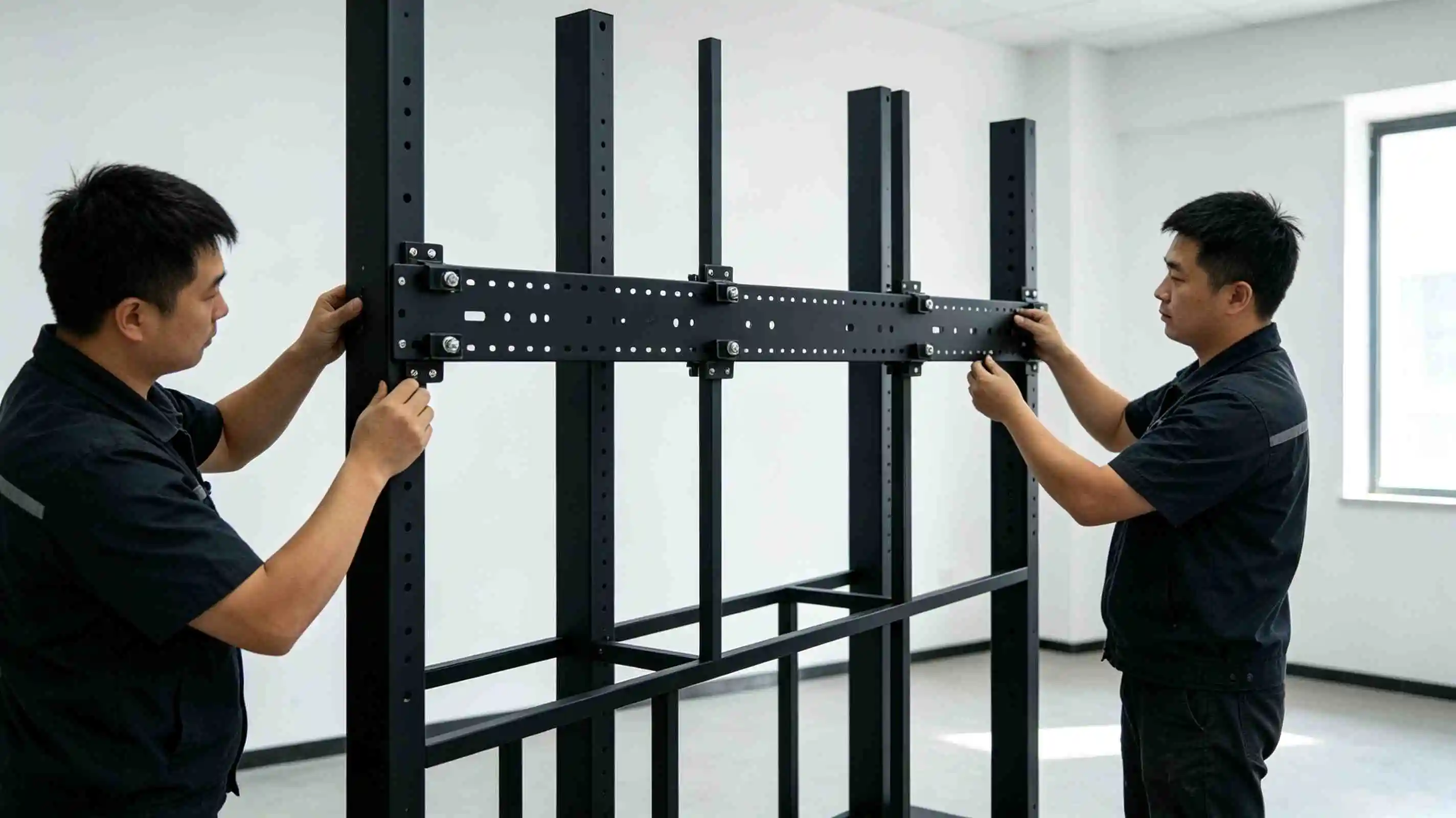 Step 2: install multi-hole horizontal beams on LCD video wall mounting stand