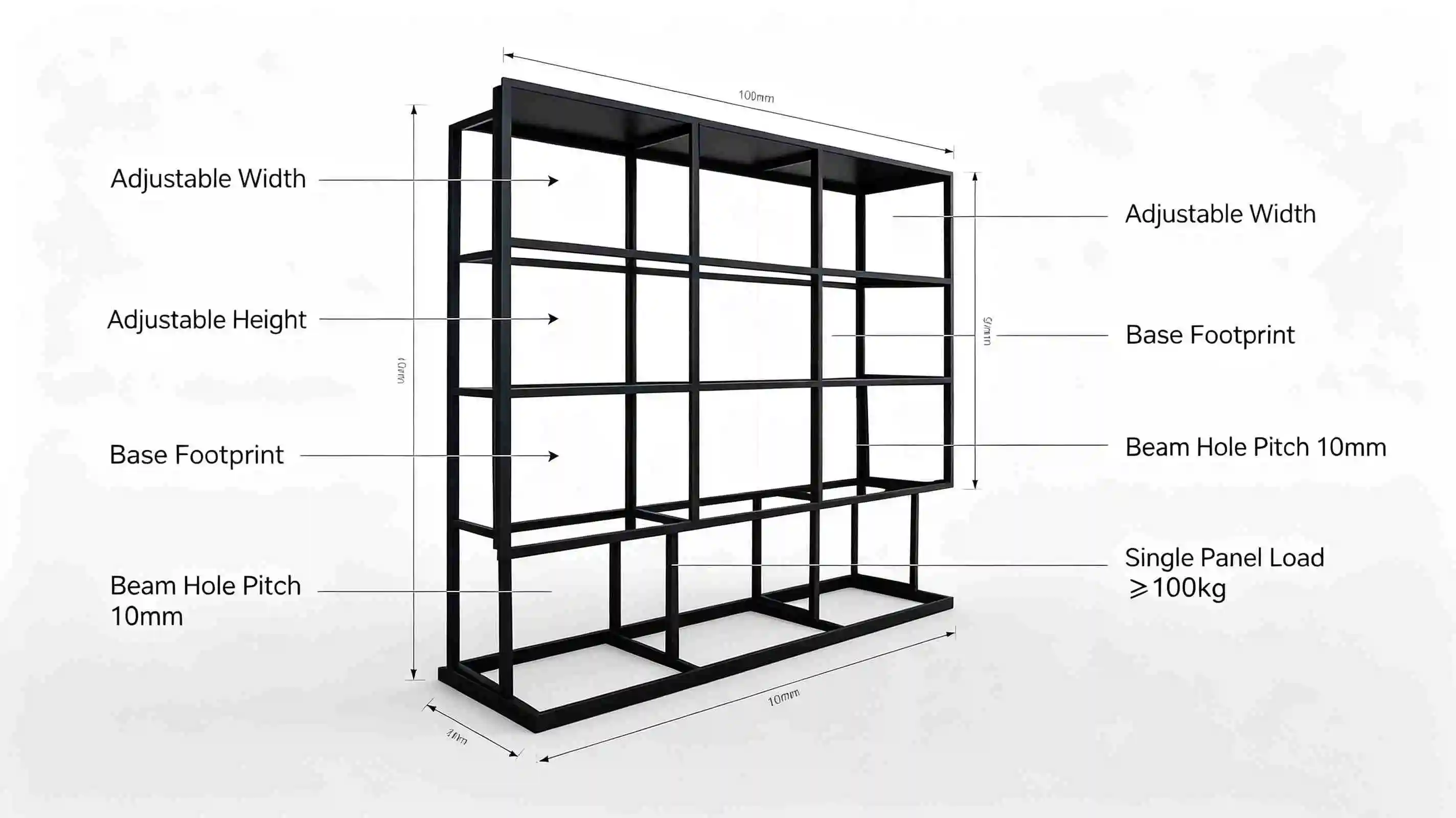 Dimension diagram of LCD video wall floor bracket showing adjustable height and width range
