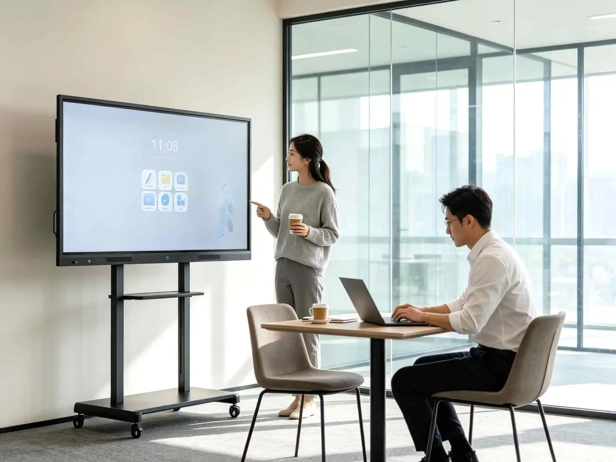 Huddle room interactive flat panel on a space-saving mobile stand in a small meeting room