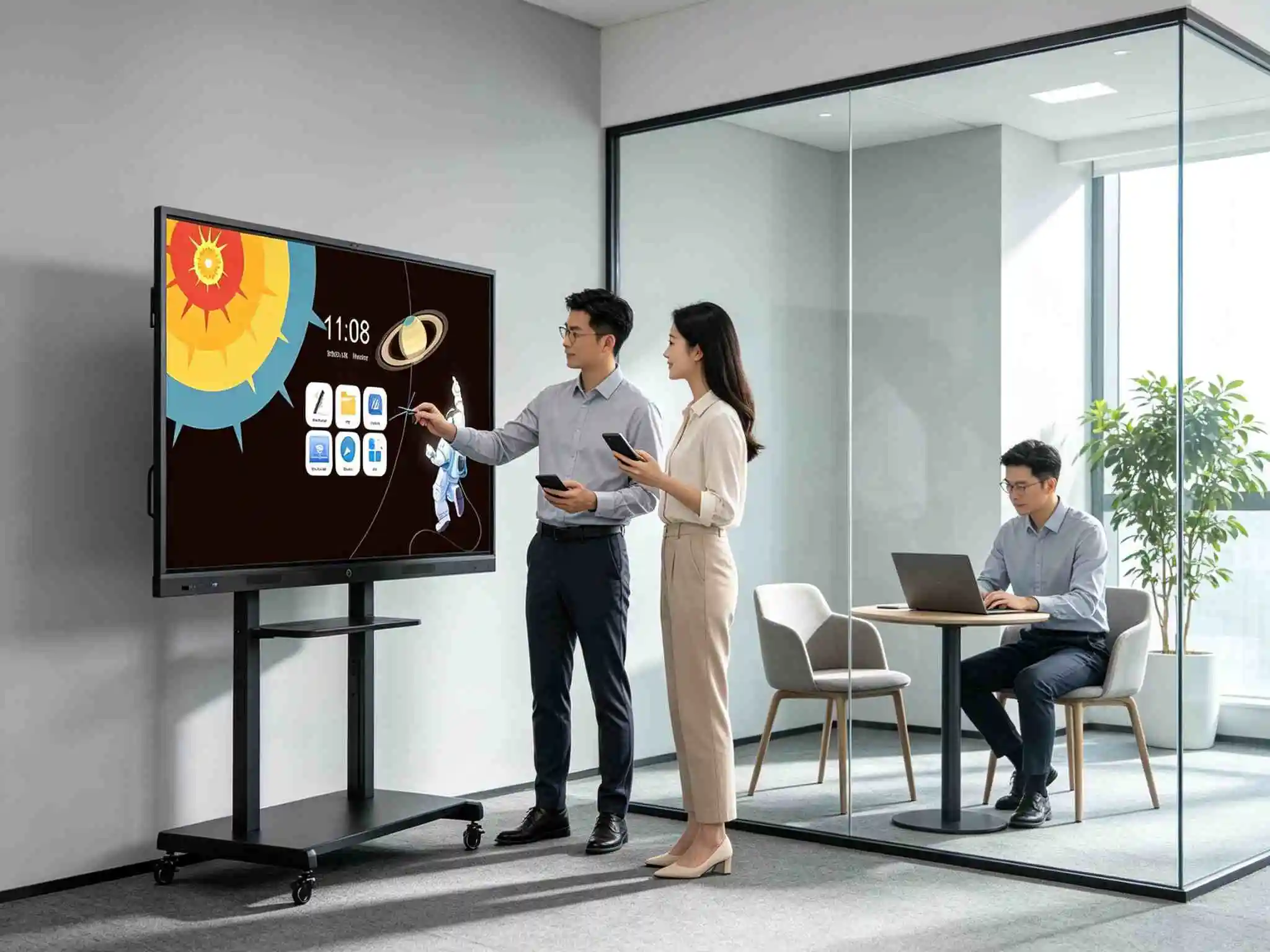Colleagues collaborating around a huddle room interactive flat panel