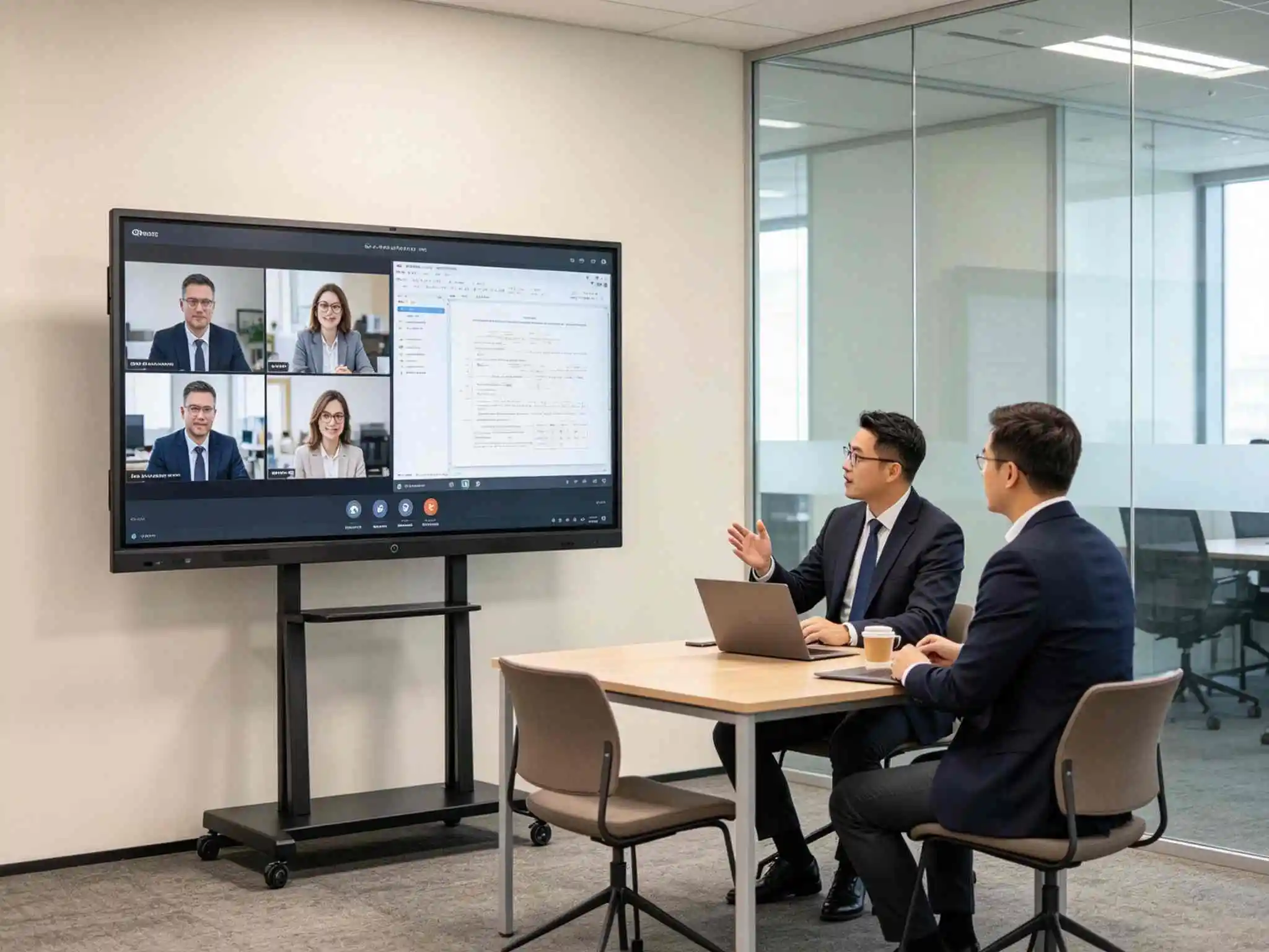Video call on a small meeting room interactive flat panel