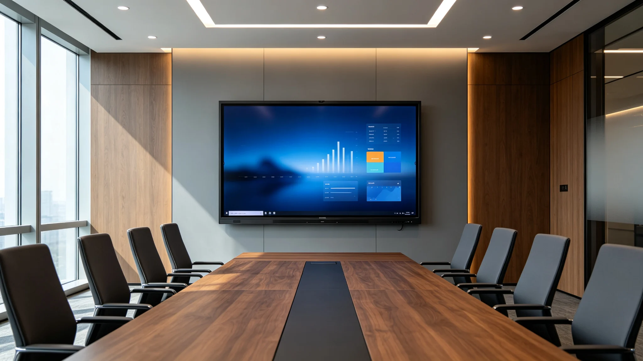 86 inch interactive flat panel for meeting room mounted in a modern boardroom, 4K smart board by Qtenboard