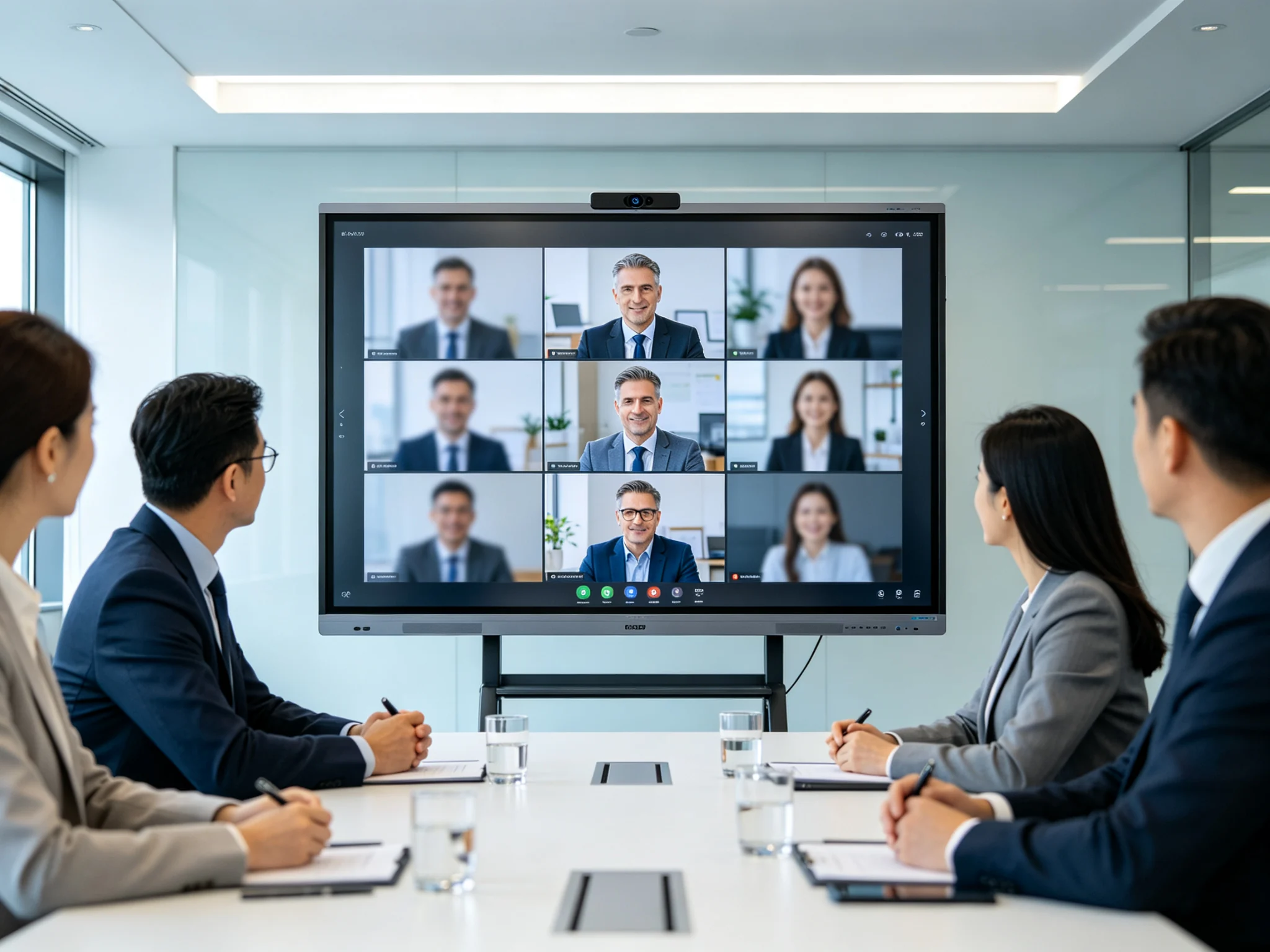 Video conferencing on 86 inch interactive flat panel for boardroom with built-in camera and microphone