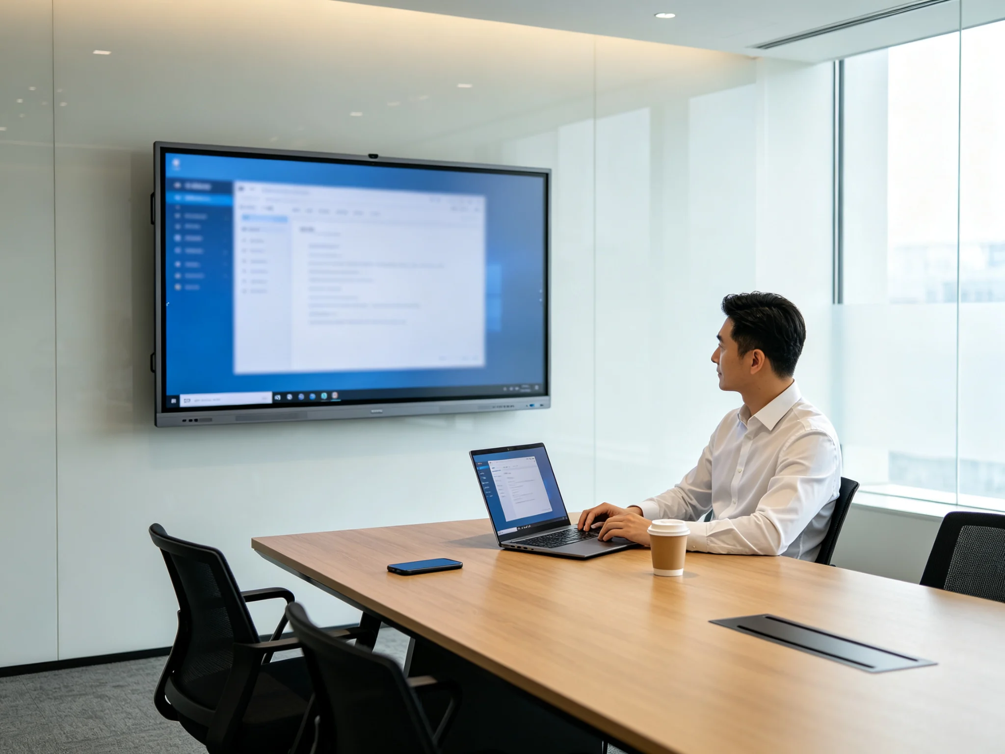 Wireless casting and screen sharing from laptop to 86 inch interactive flat panel for meeting room