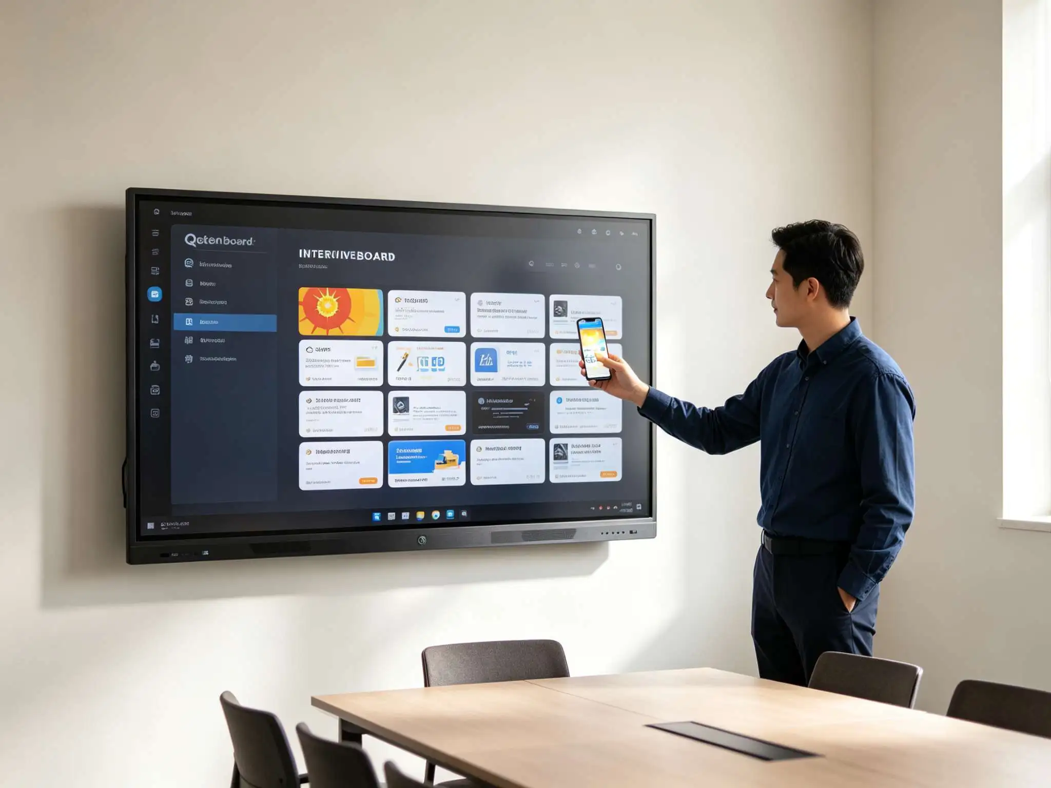 Wireless casting from a smartphone to a small meeting room interactive flat panel