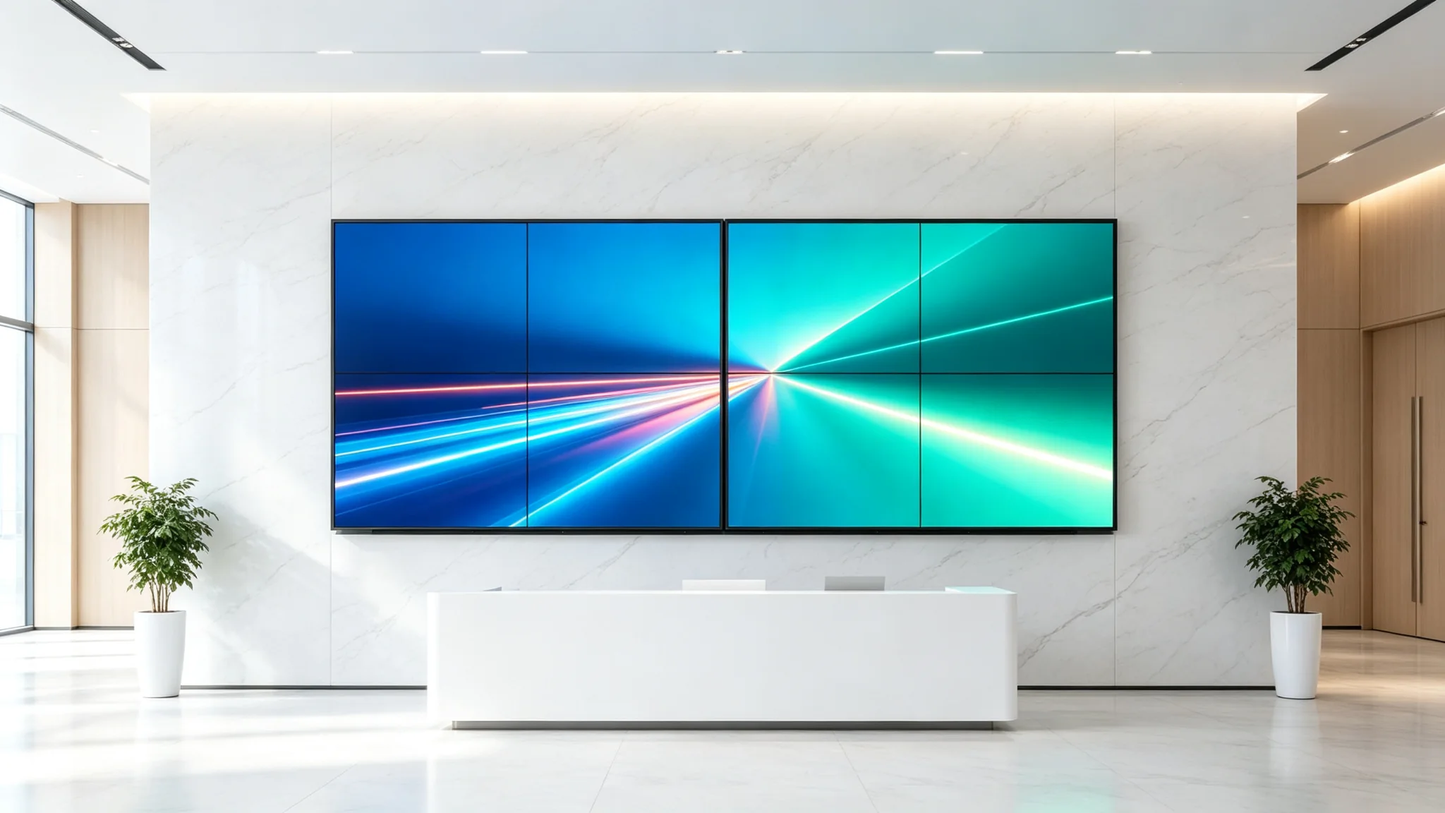 2x2 configuration of 46 inch LCD video wall in a corporate lobby
