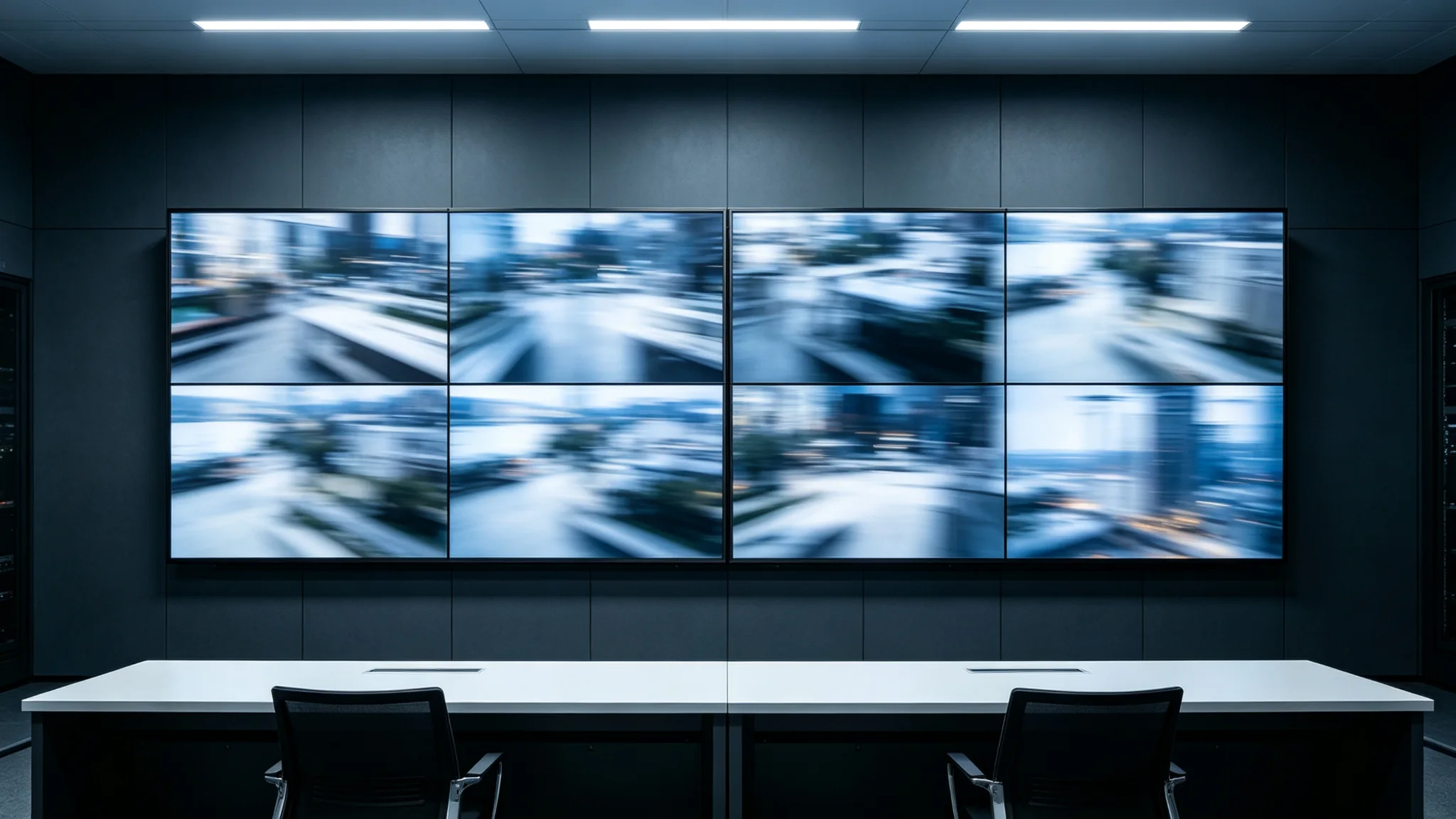 3x3 configuration of 49 inch splicing screen in a security monitoring room