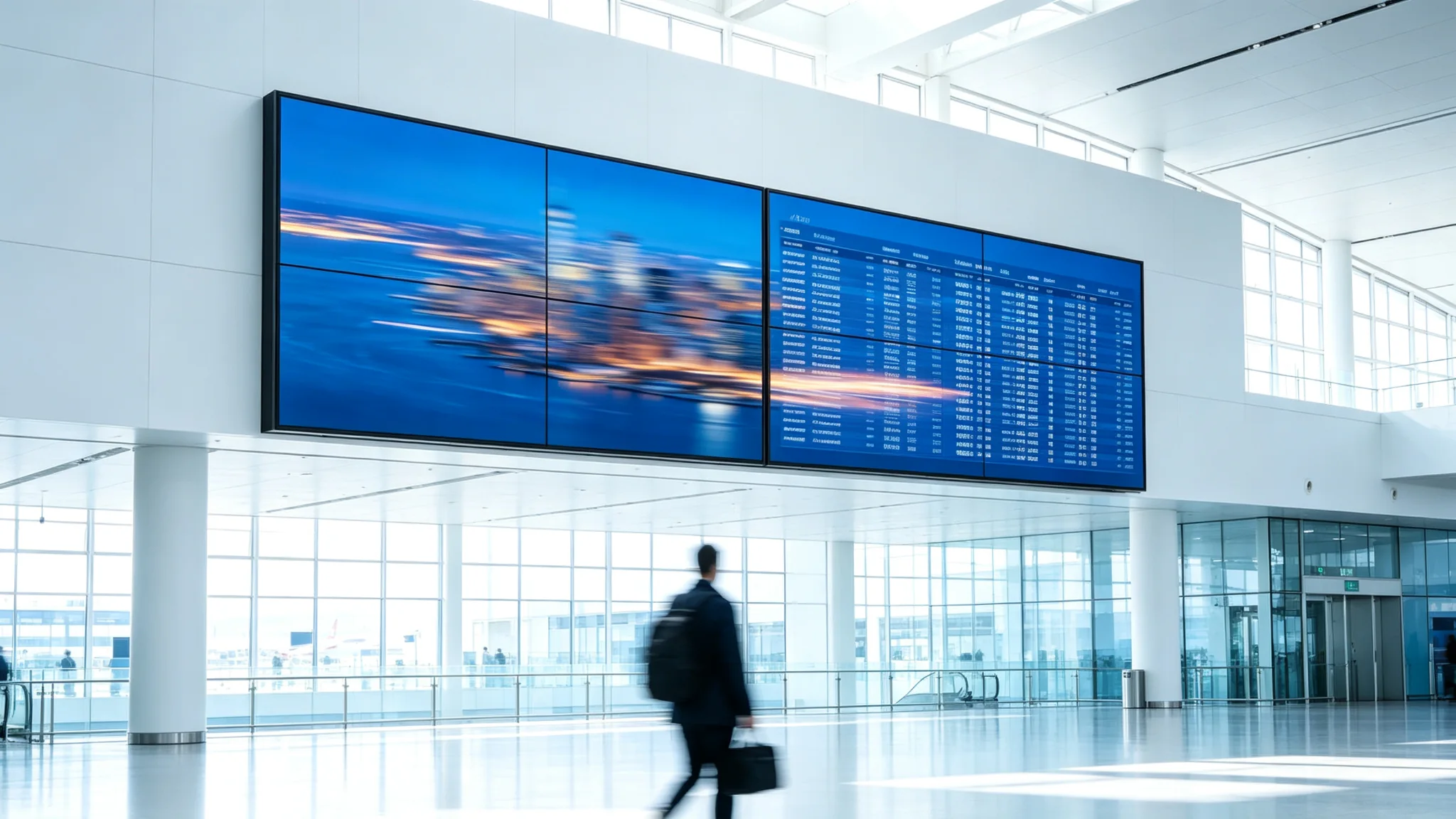 46 inch LCD video wall deployed in a modern airport terminal for flight information display