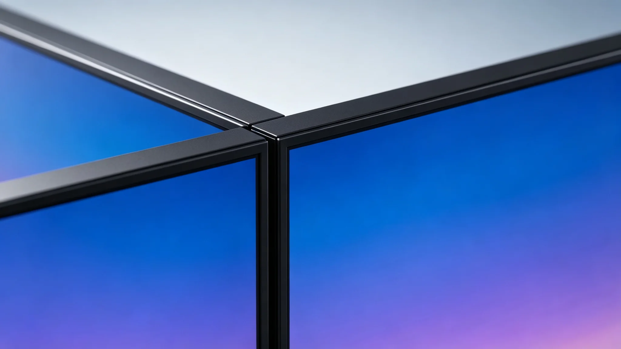 0.88mm ultra narrow bezel close up between two LCD video wall panels