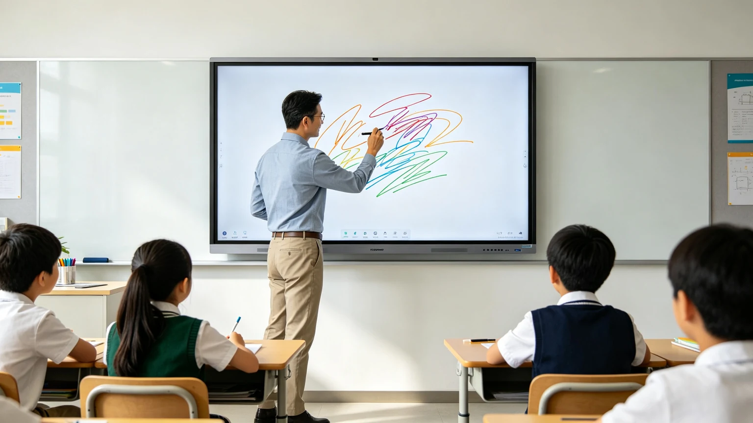 Teacher multi-touch writing on an AI interactive whiteboard for school in a K12 smart classroom