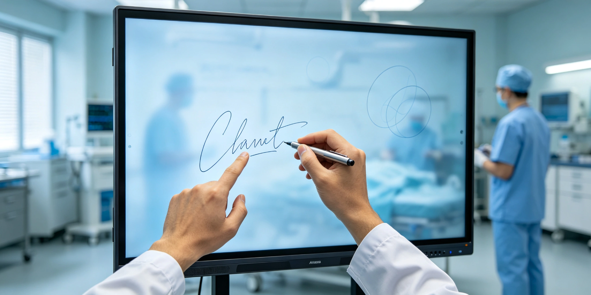 Quad-user multi-touch writing on Qtenboard 40 point AI interactive flat panel for medical training