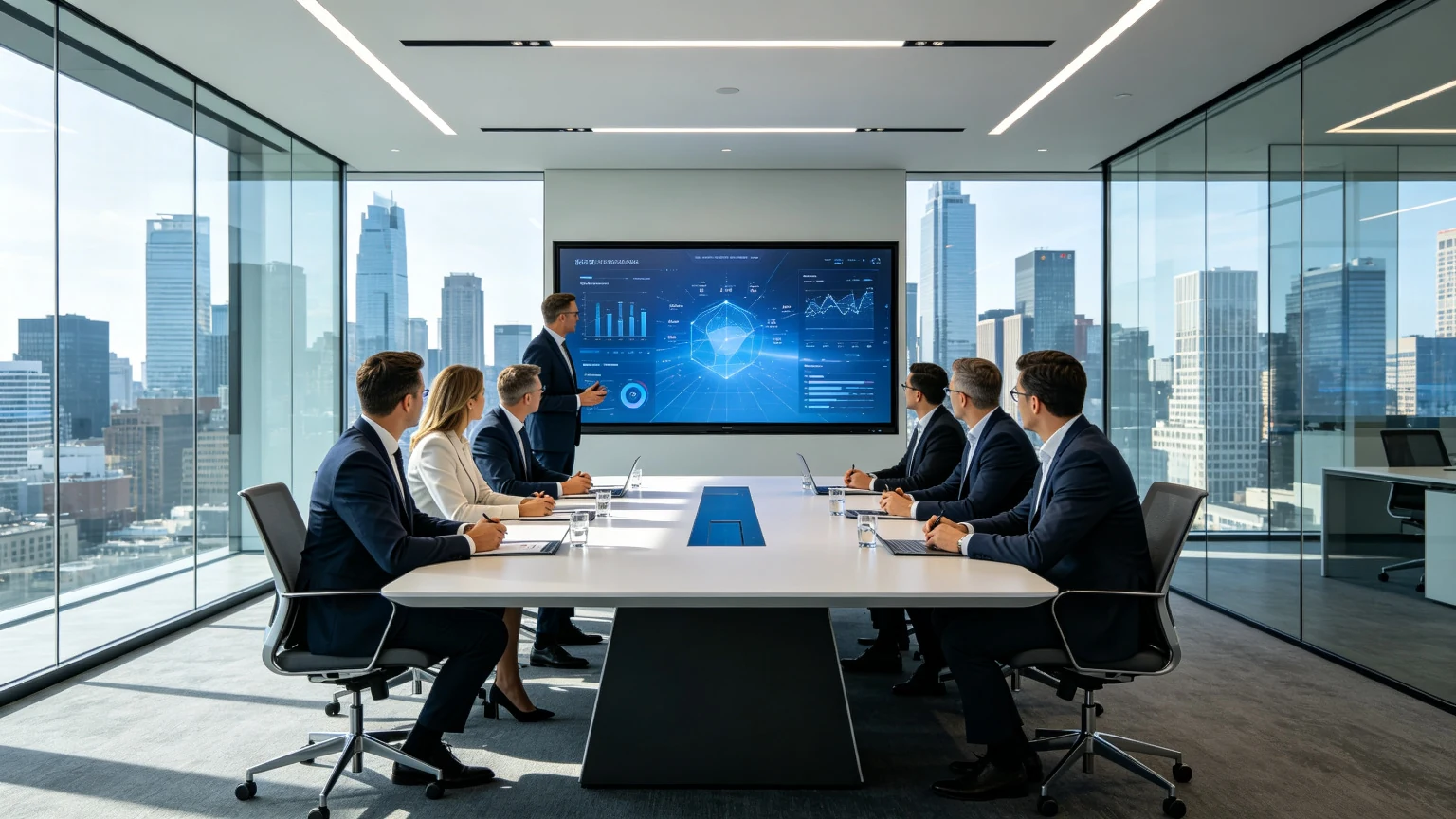 Qtenboard AI interactive flat panel for meetings in a modern corporate boardroom