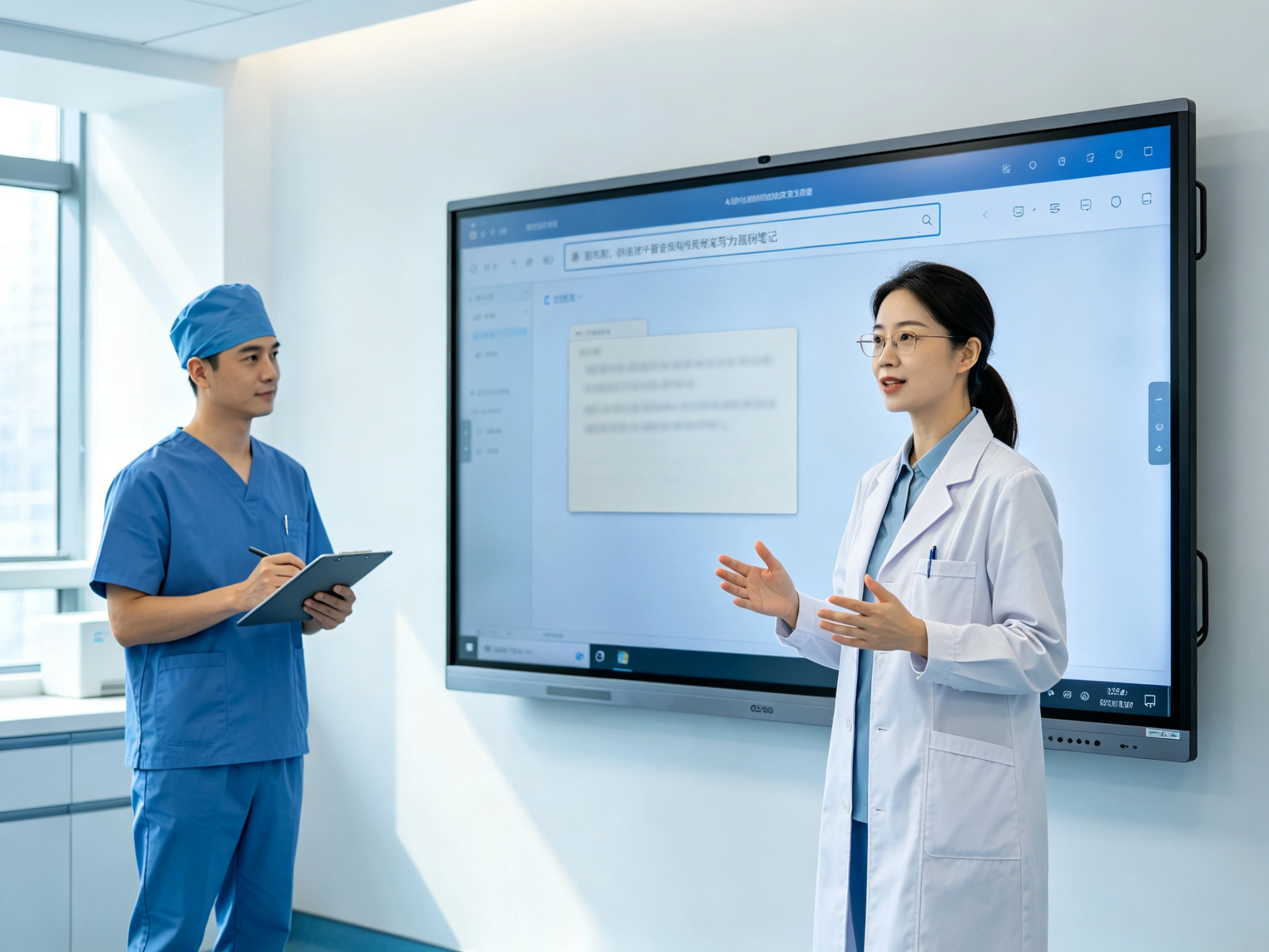 Real-time speech-to-text case notes on Qtenboard AI interactive flat panel for hospitals