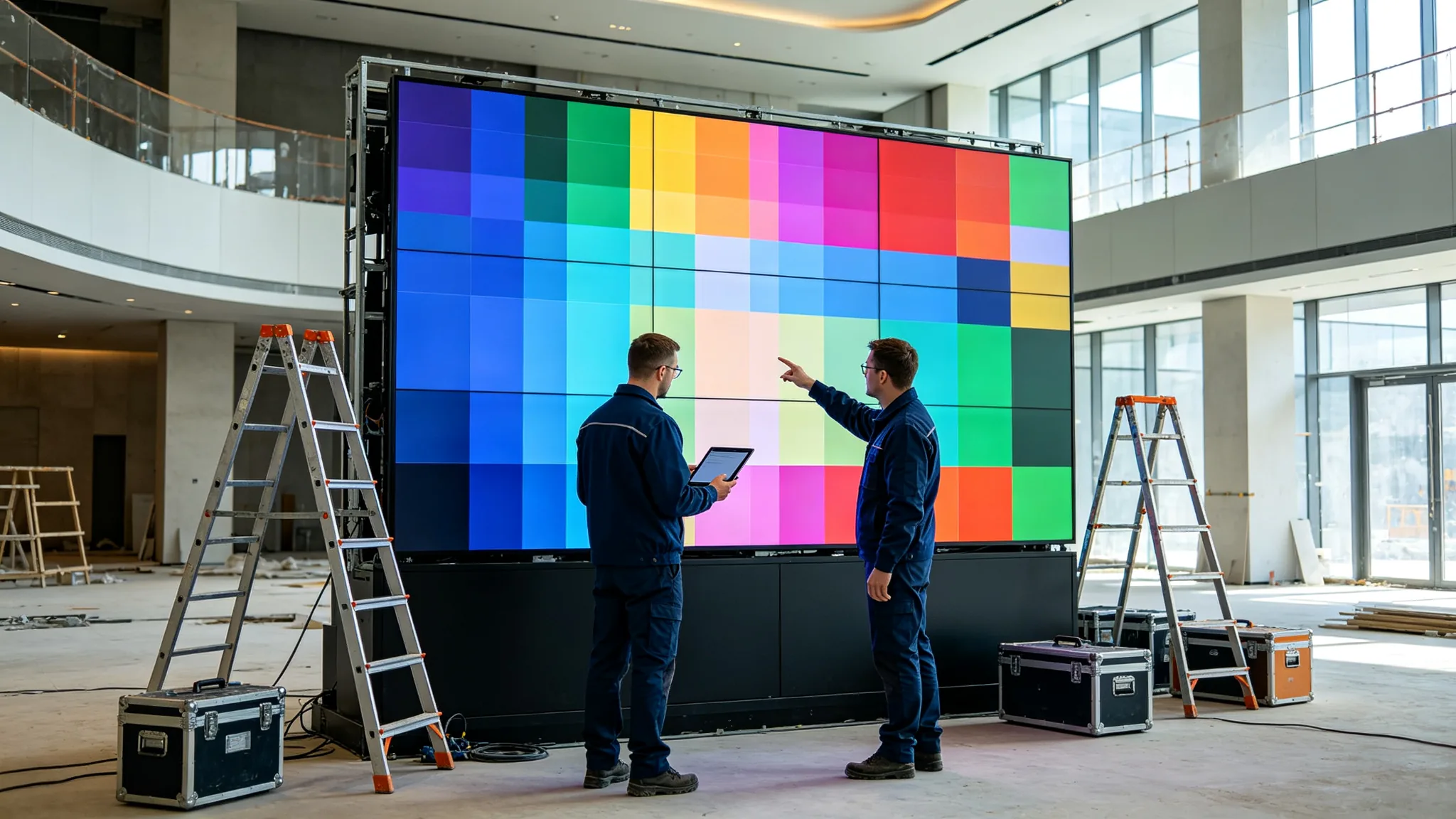 Qtenboard engineers commissioning an LCD video wall for cloud CMS control