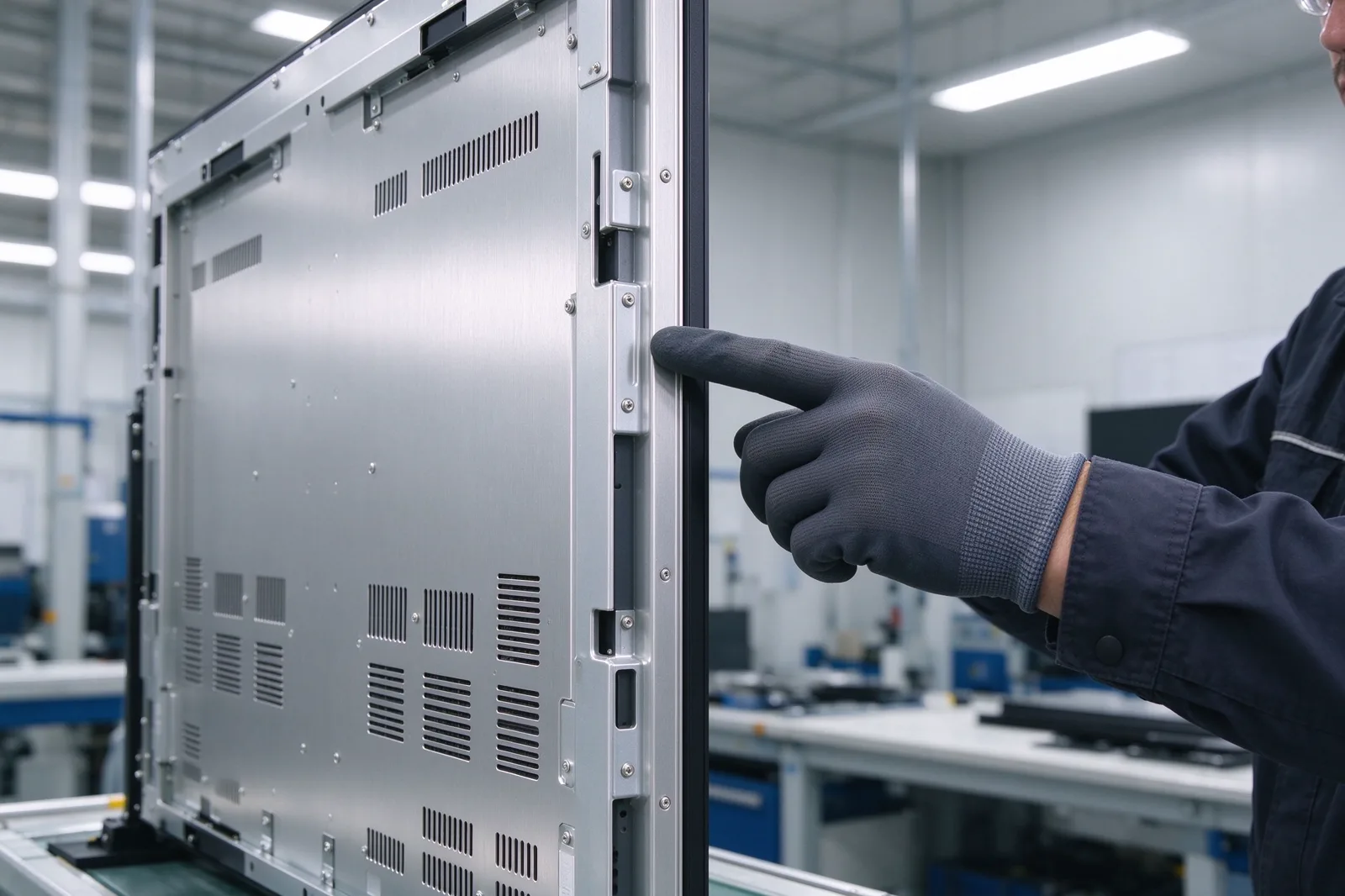 Technician inspecting the metal heat dissipation casing of an LCD video wall panel