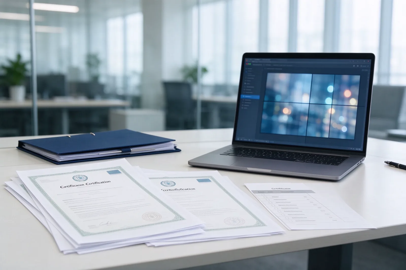 Certification documents and checklist on a procurement desk for an LCD video wall RFQ