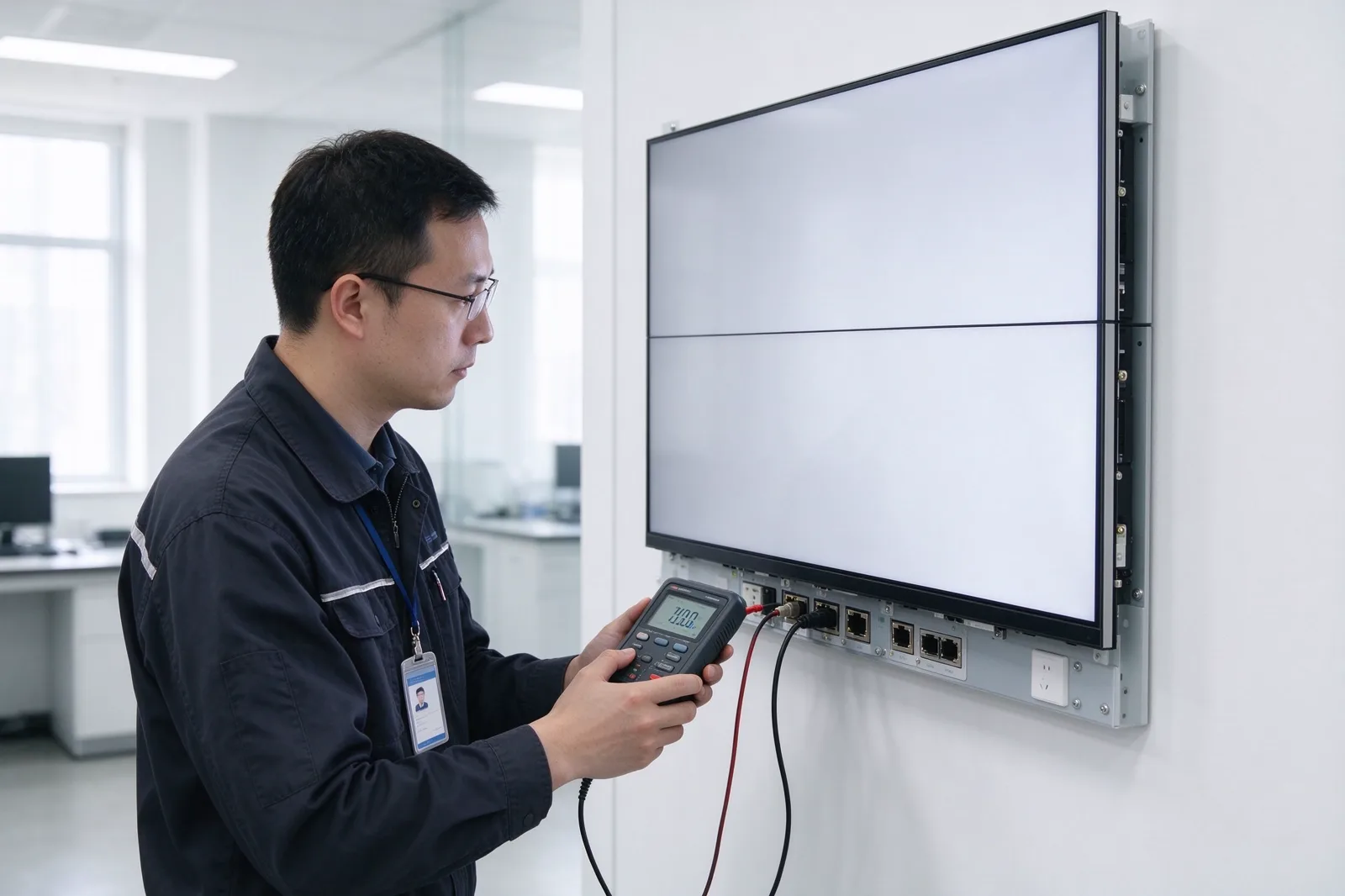 Engineer measuring the power consumption of an LCD video wall panel