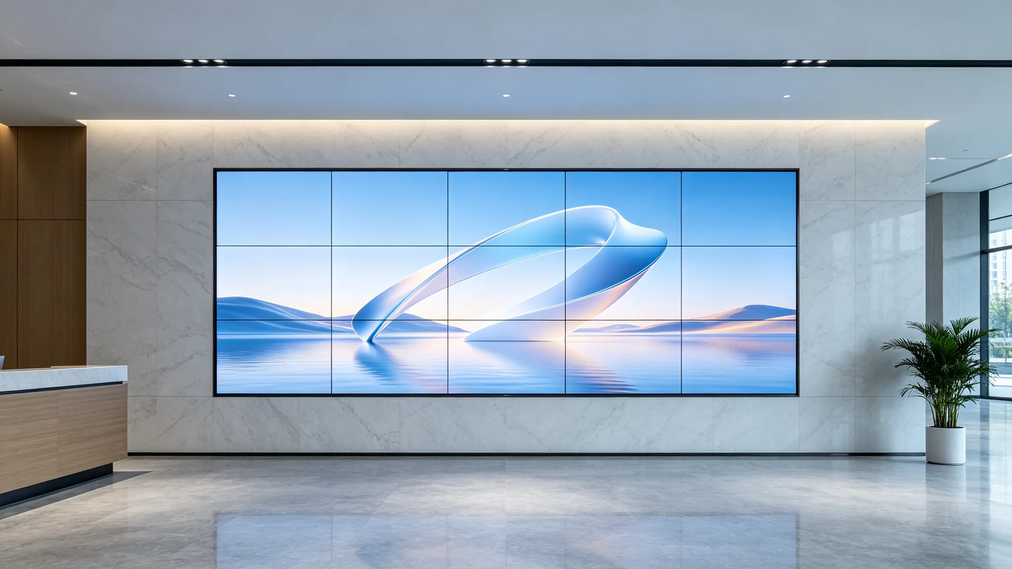 LCD video wall cloud CMS managed multi-panel display in a modern corporate lobby