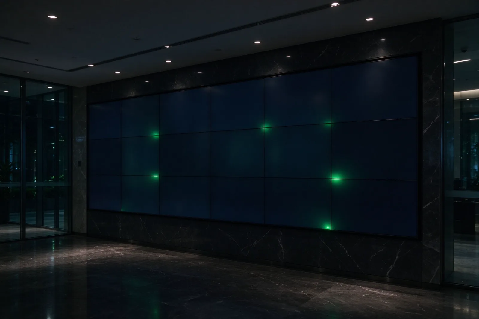 LCD video wall in low-power standby mode at night in a modern lobby