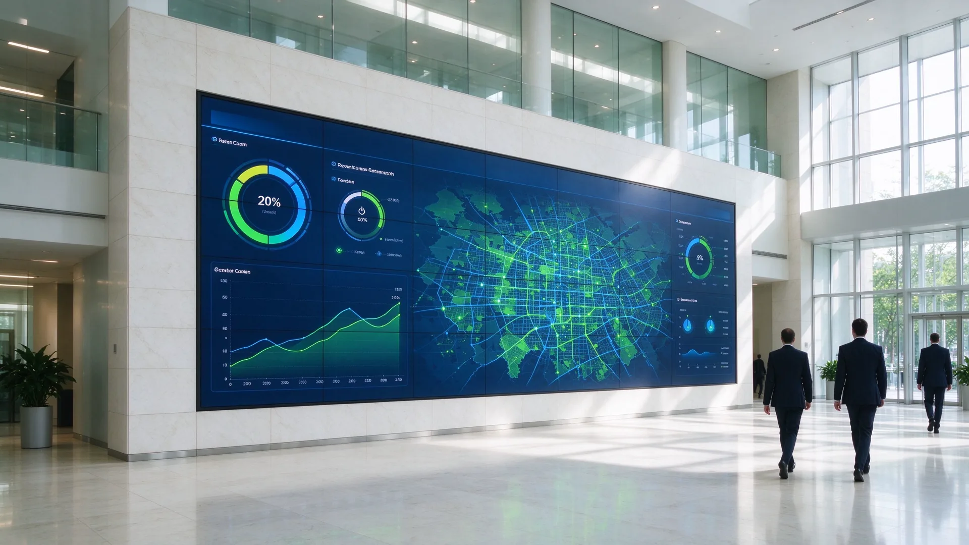 LCD video wall showing a sustainability dashboard in an institutional atrium