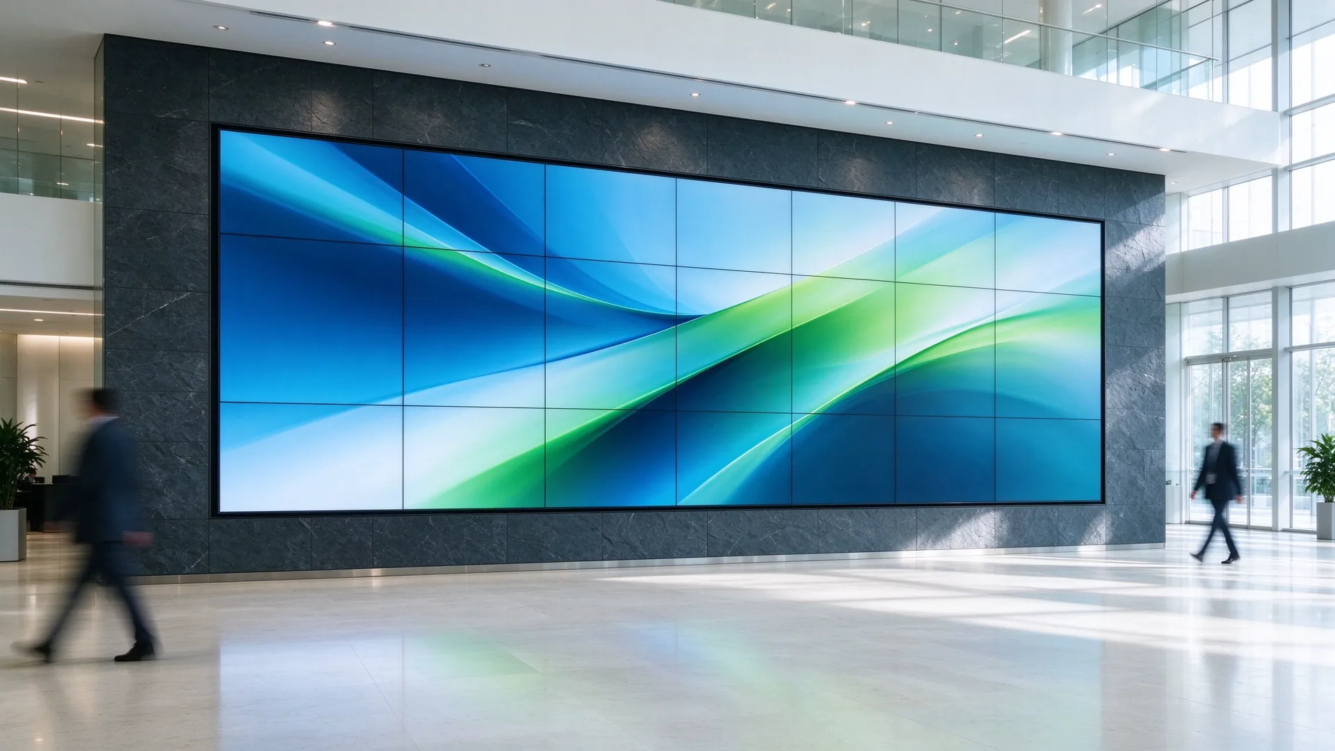Qtenboard LCD video wall installed in a modern corporate lobby