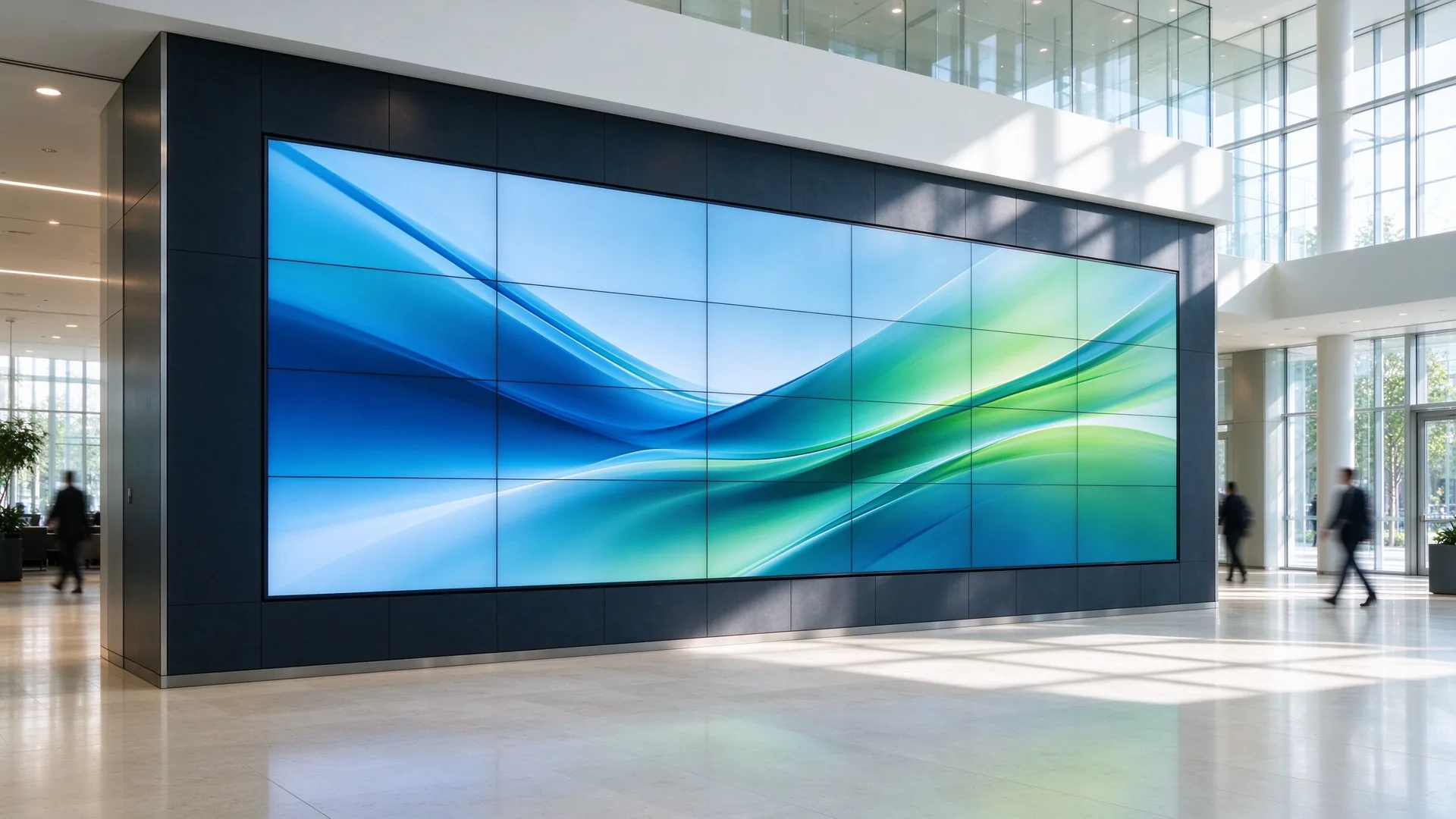 Qtenboard LCD video wall installed in a sustainable public facility lobby
