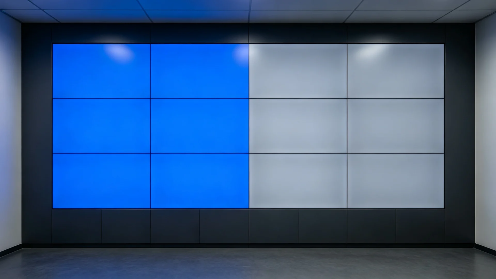 LCD video wall displaying uniform test colors after factory calibration