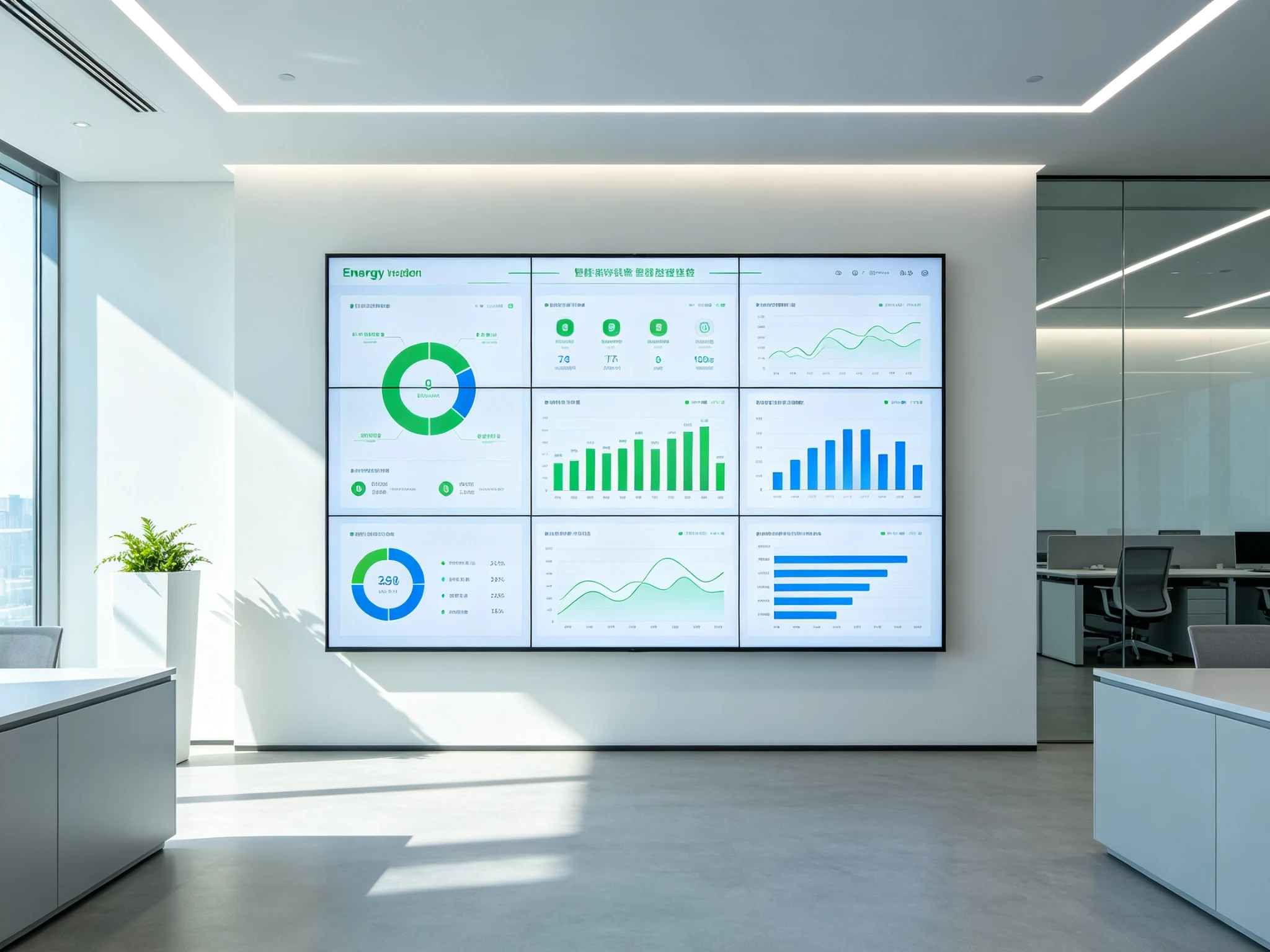 Qtenboard LCD video wall energy efficient operations in a modern workspace