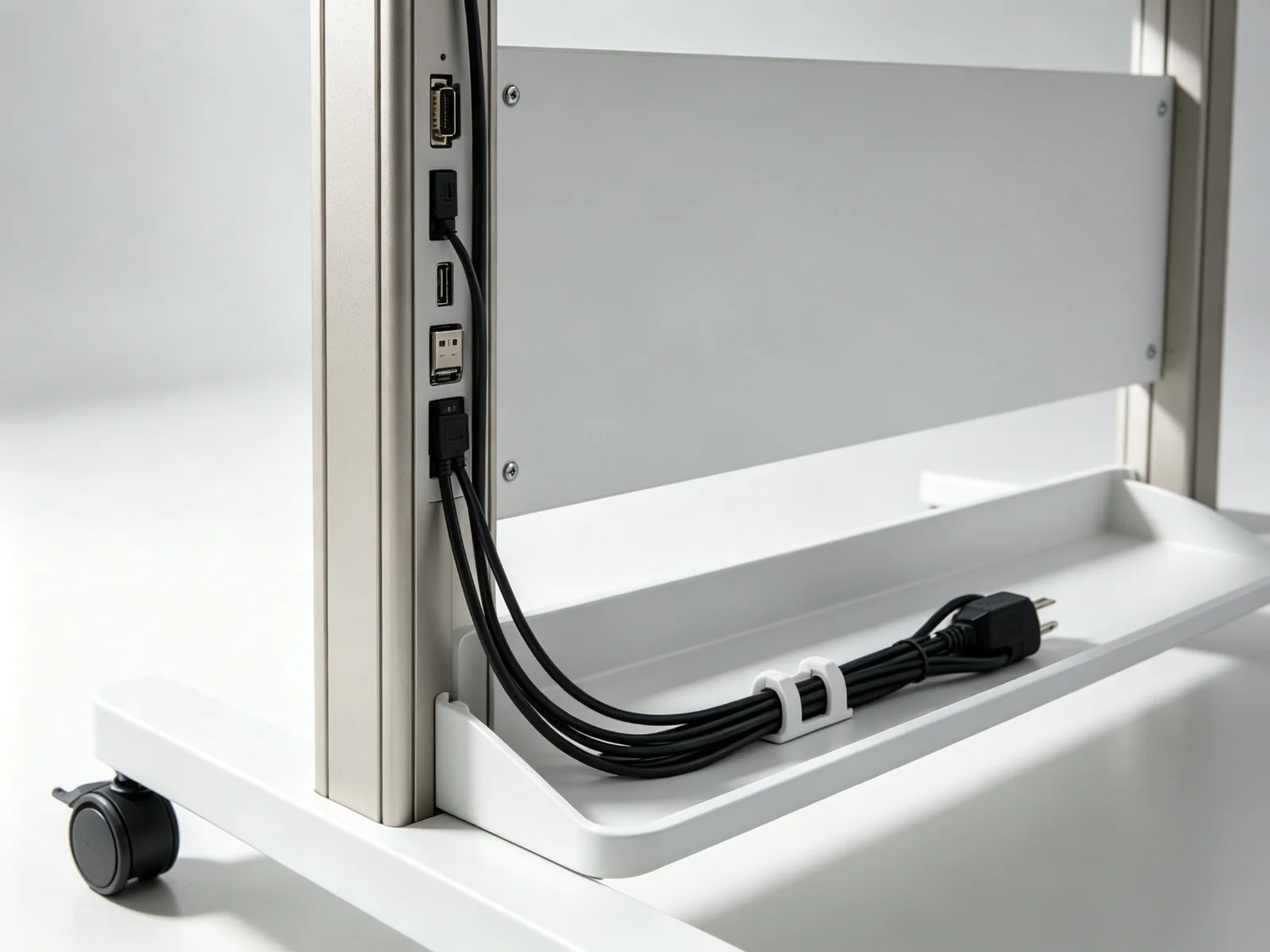 Integrated cable management tray on mobile stand interactive flat panel