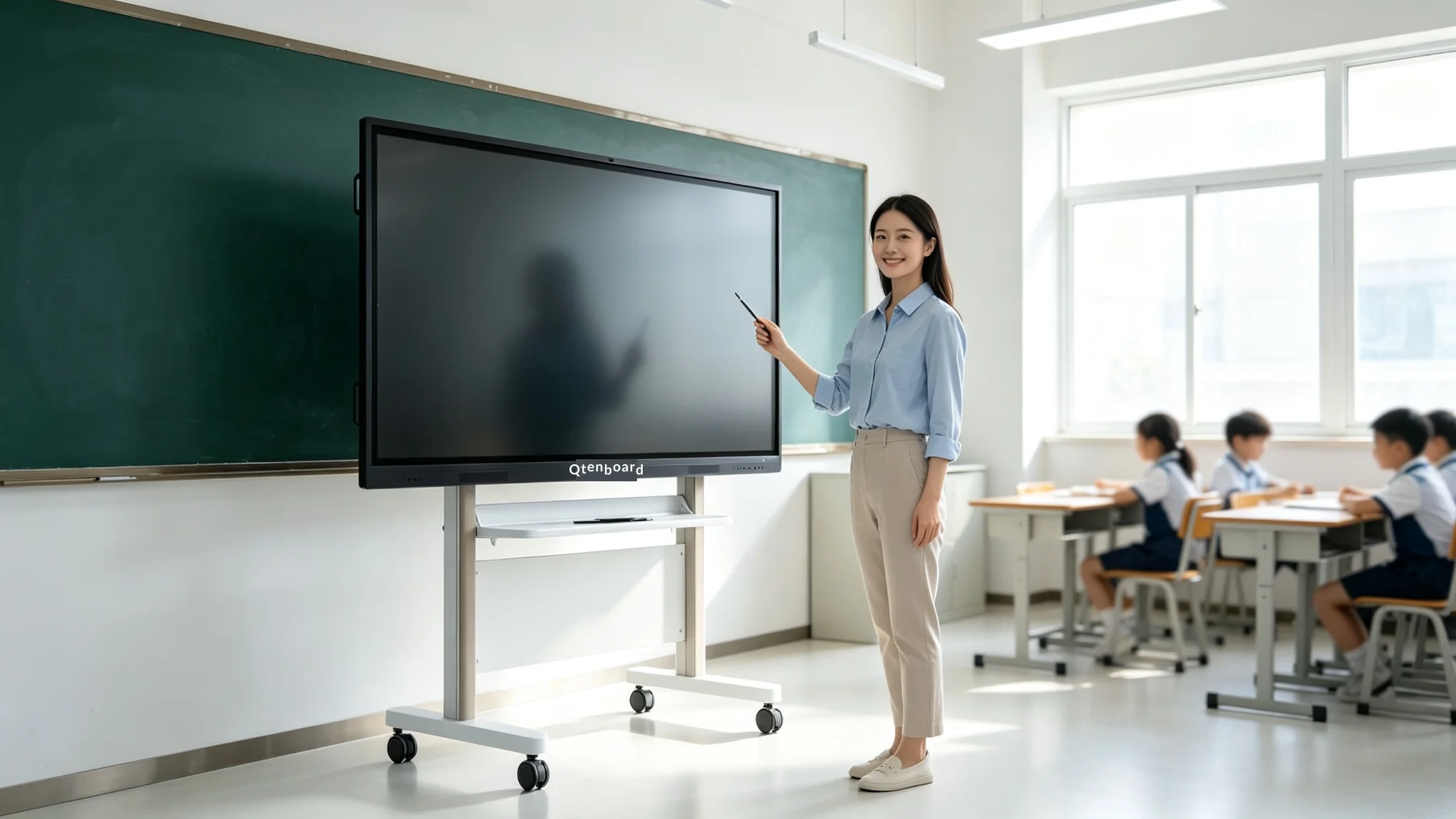 Portable interactive whiteboard on height adjustable mobile trolley in classroom