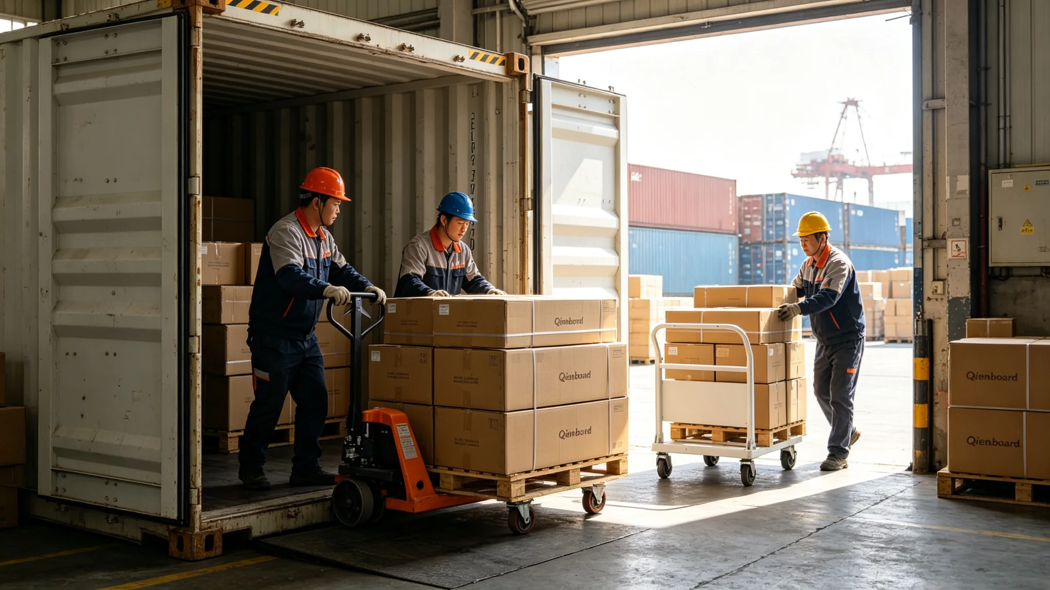 Shipping container loading export of portable interactive whiteboard wholesale orders