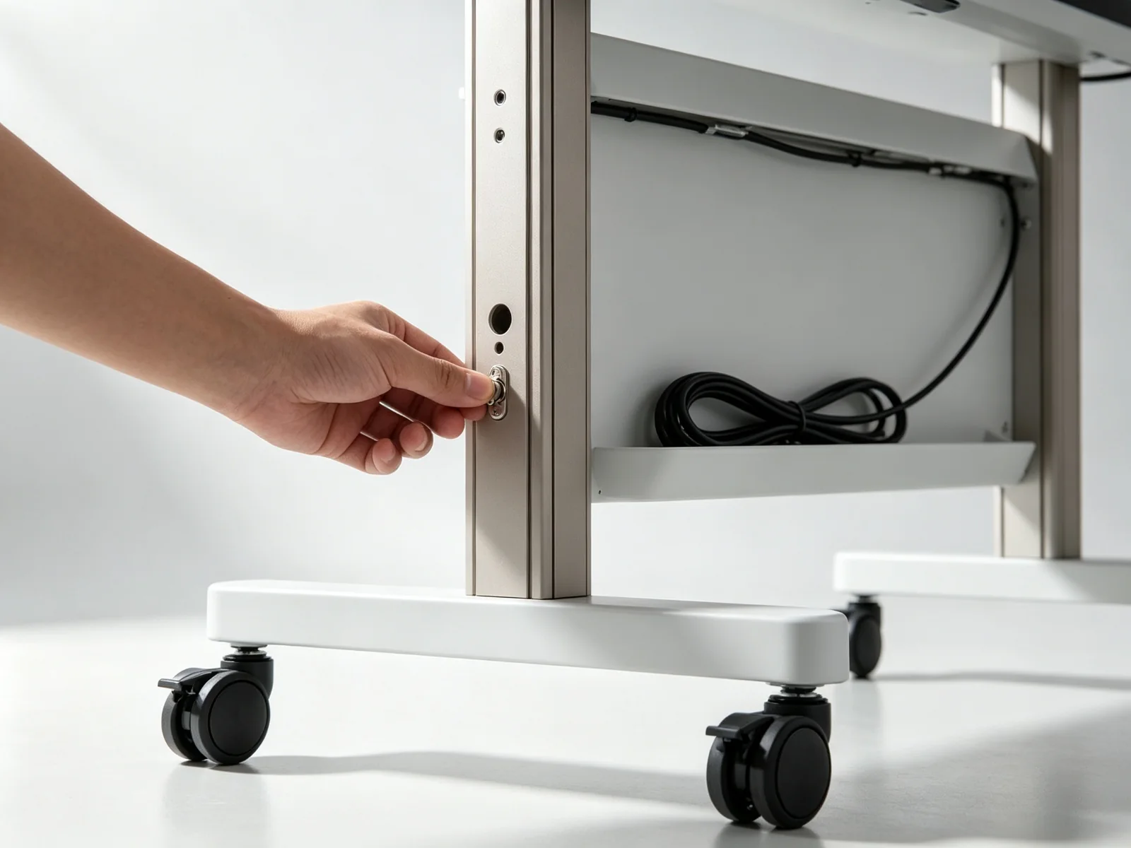 Height adjustable IFP cart telescopic column and locking casters detail