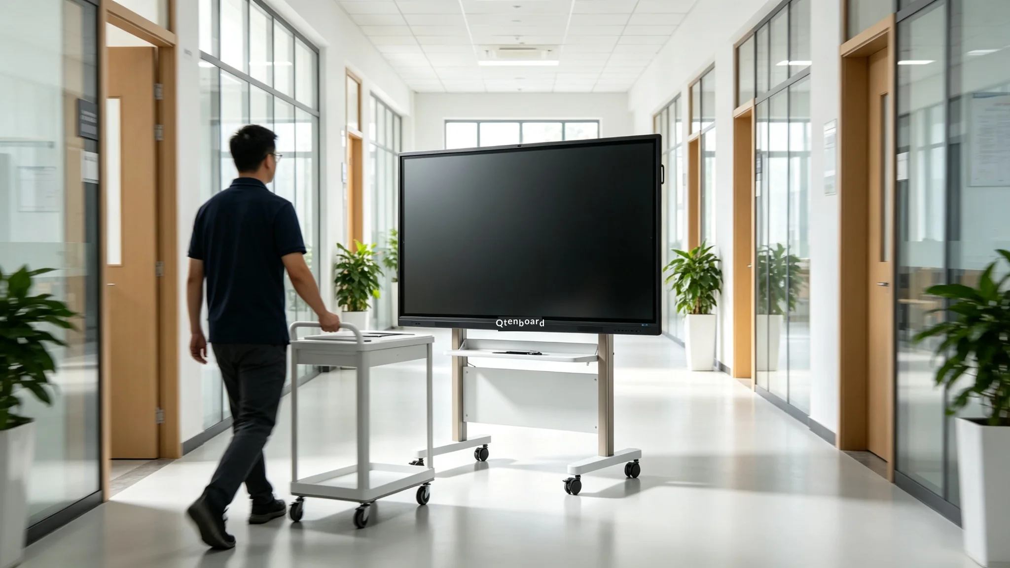 Teacher wheeling portable interactive whiteboard on mobile stand between classrooms