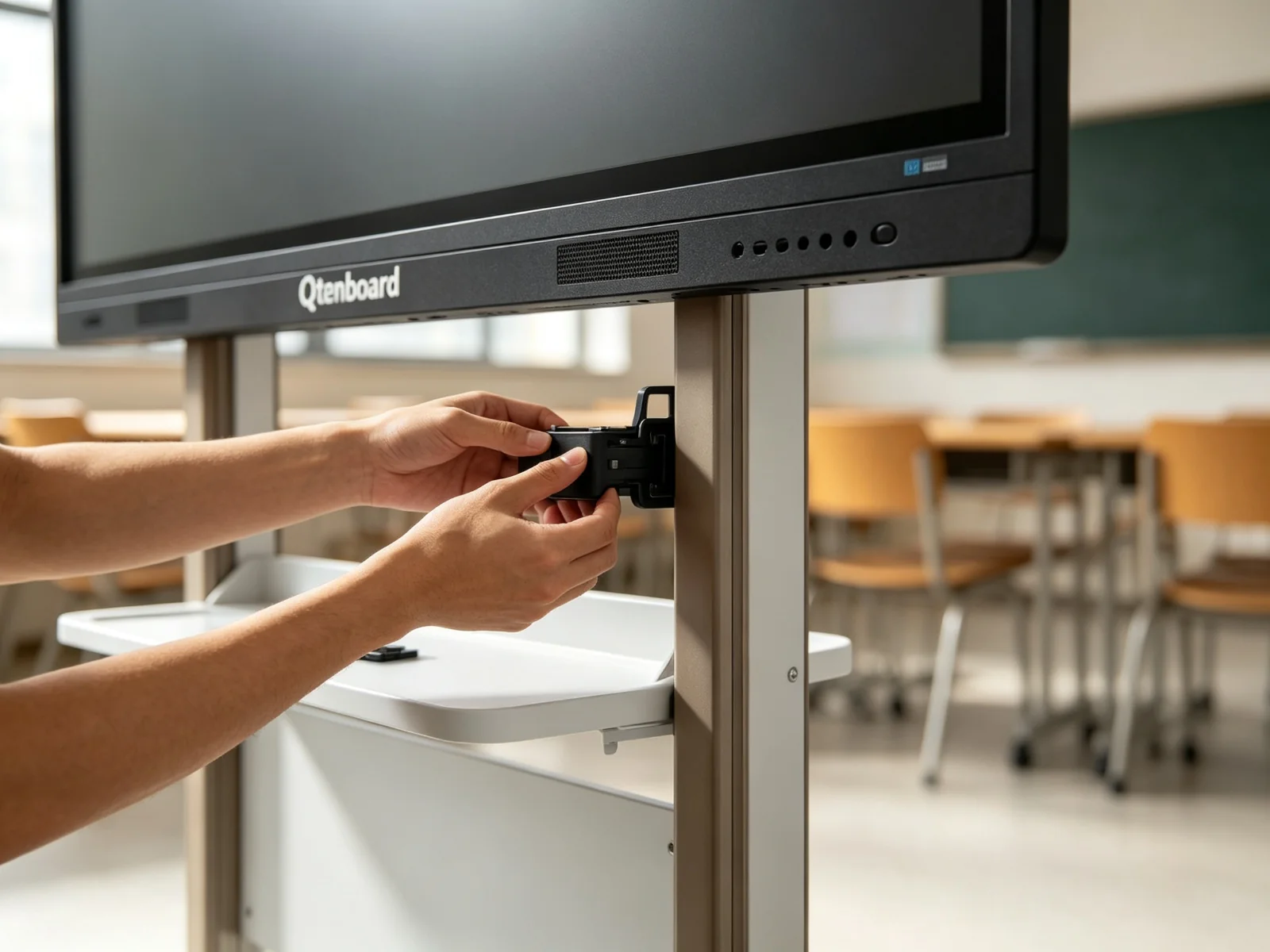 Tool-free quick release setup of interactive whiteboard trolley