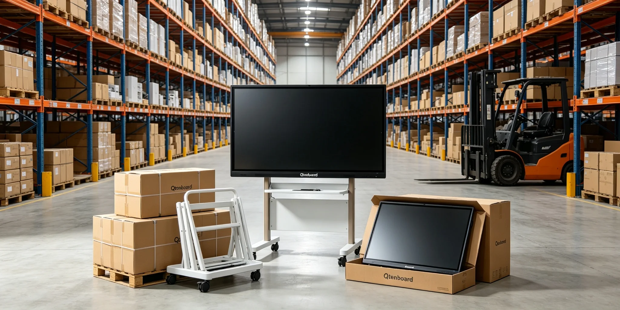 Wholesale portable interactive whiteboard warehouse with pallets of packaged panels and trolleys