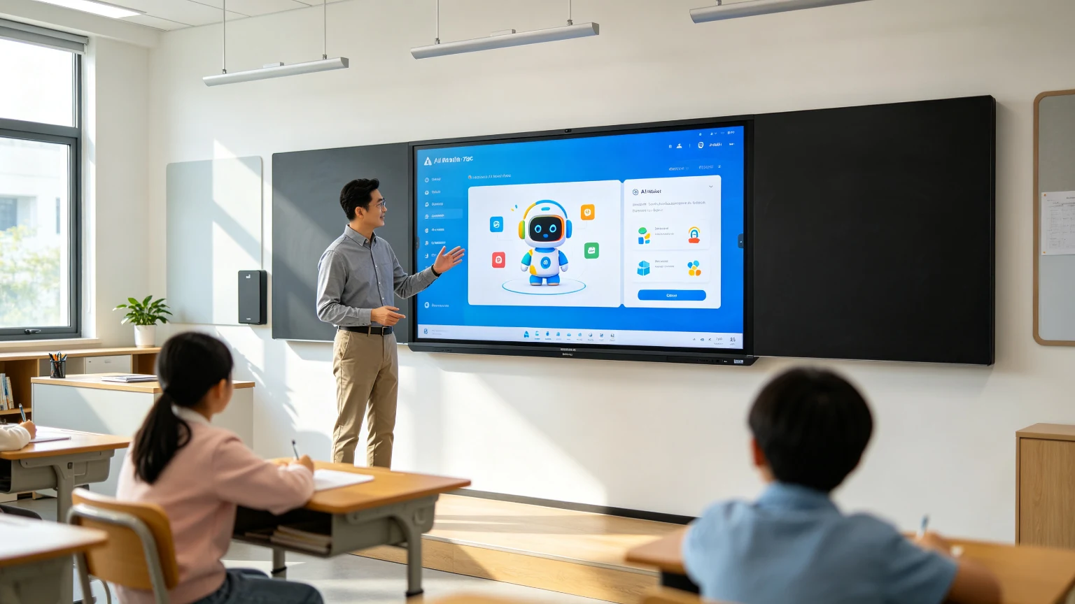 Smart interactive flat panel with zero-bonding anti-glare 4K touch in a classroom
