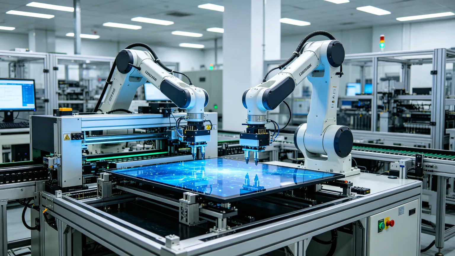 Robotic automated assembly line at smart interactive flat panel factory