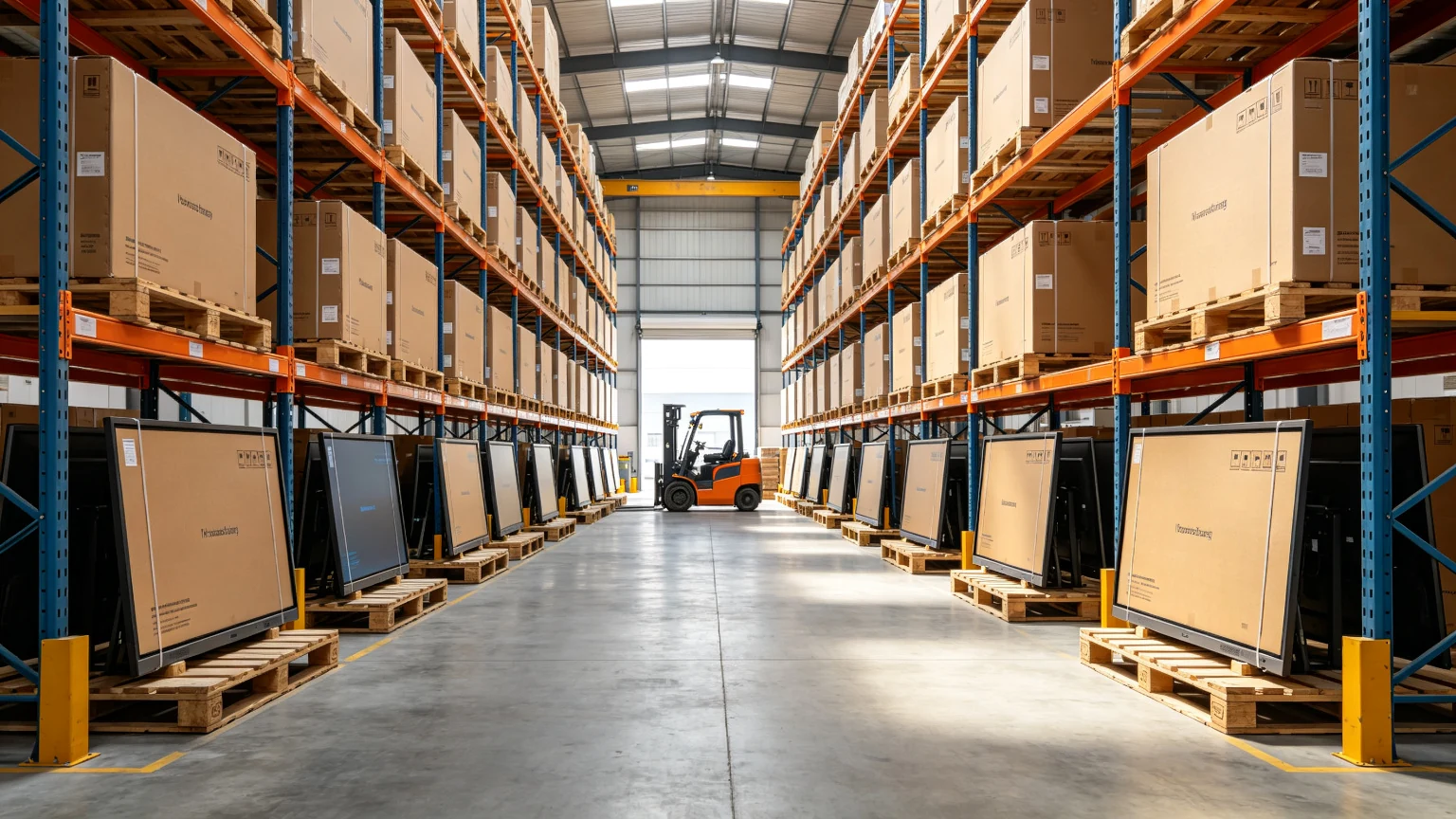 Wholesale smart interactive flat panel warehouse with pallets of packaged panels ready for export