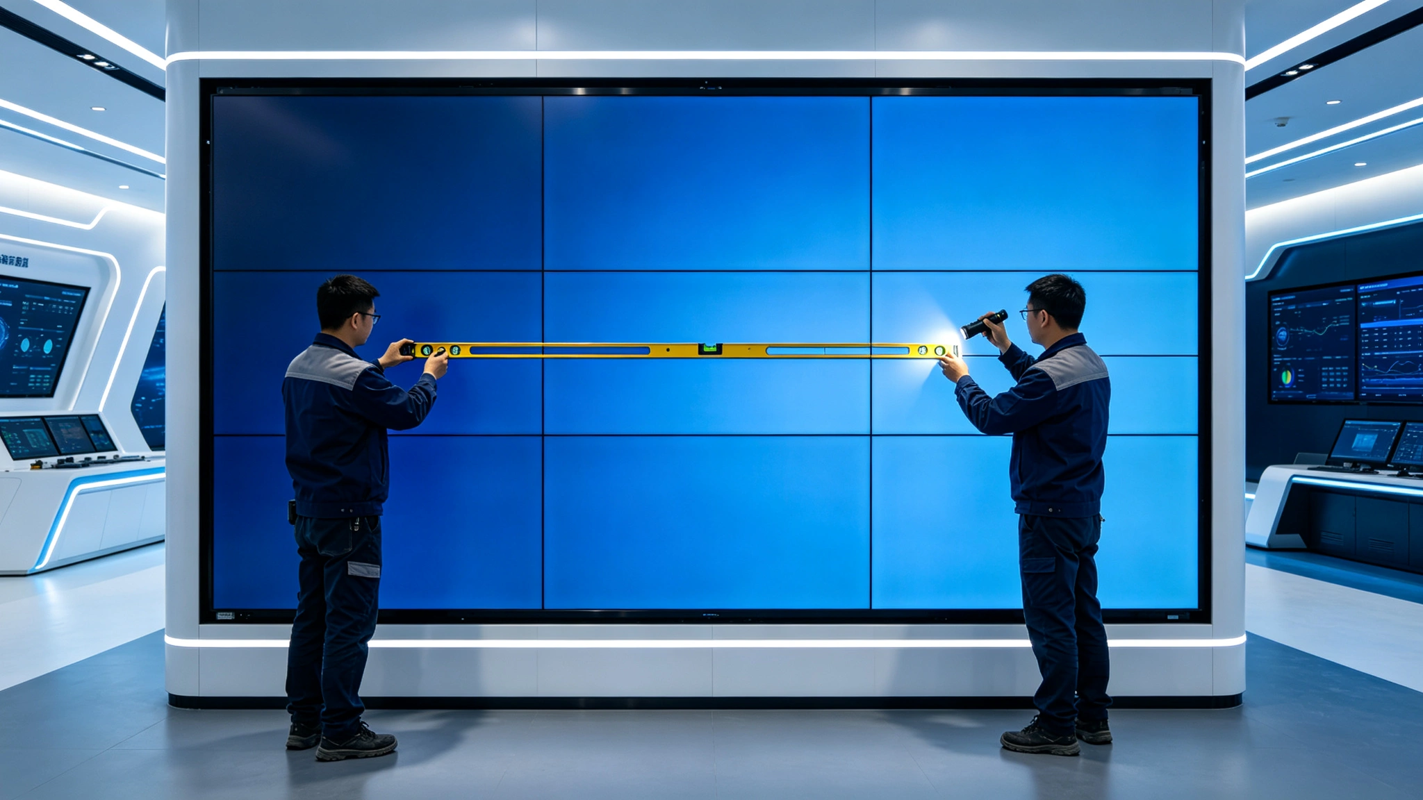 Engineers performing flush alignment installation with video wall mount bracket