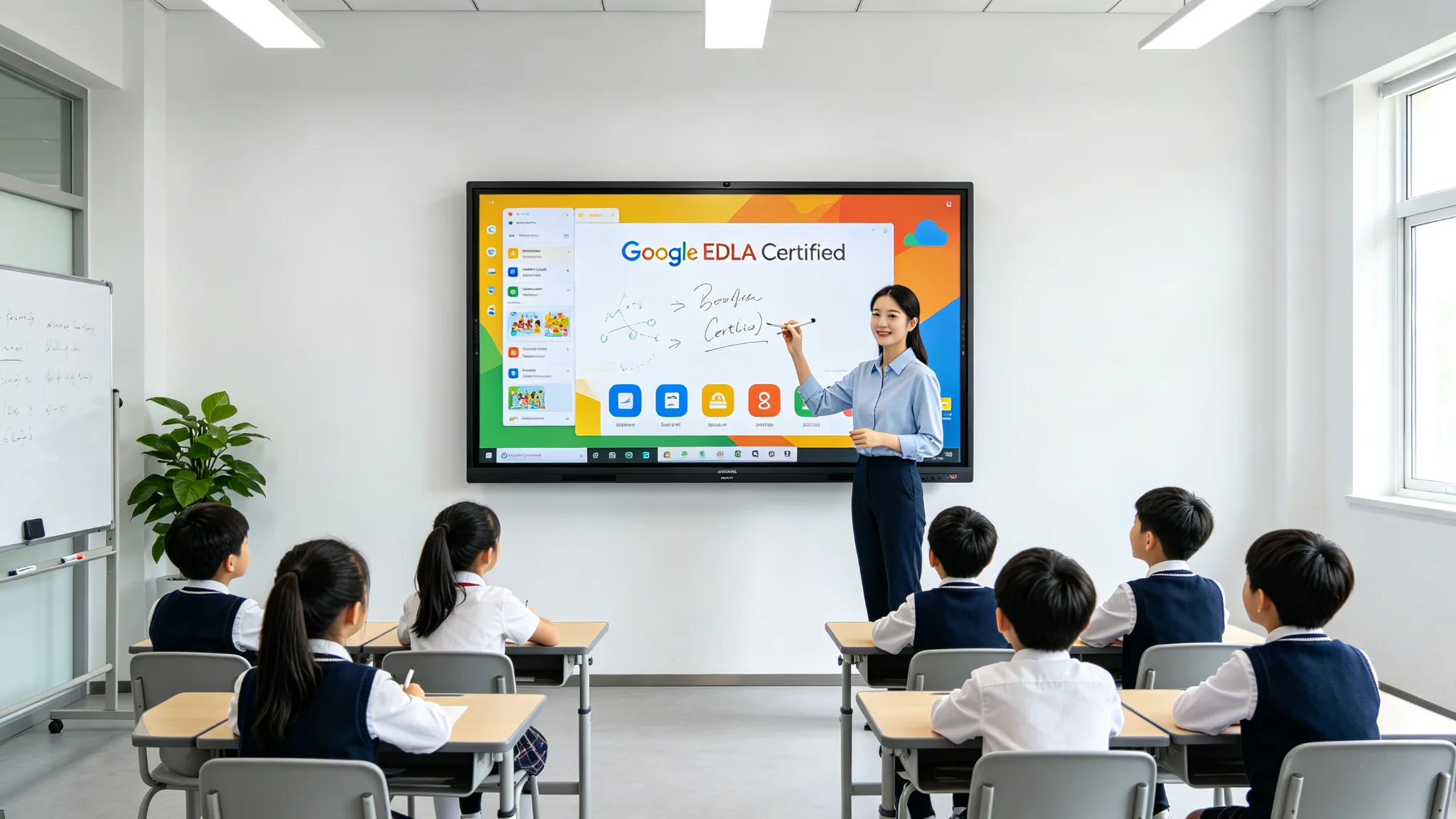 Google EDLA certified interactive flat panel in a classroom, Android smart board for teaching