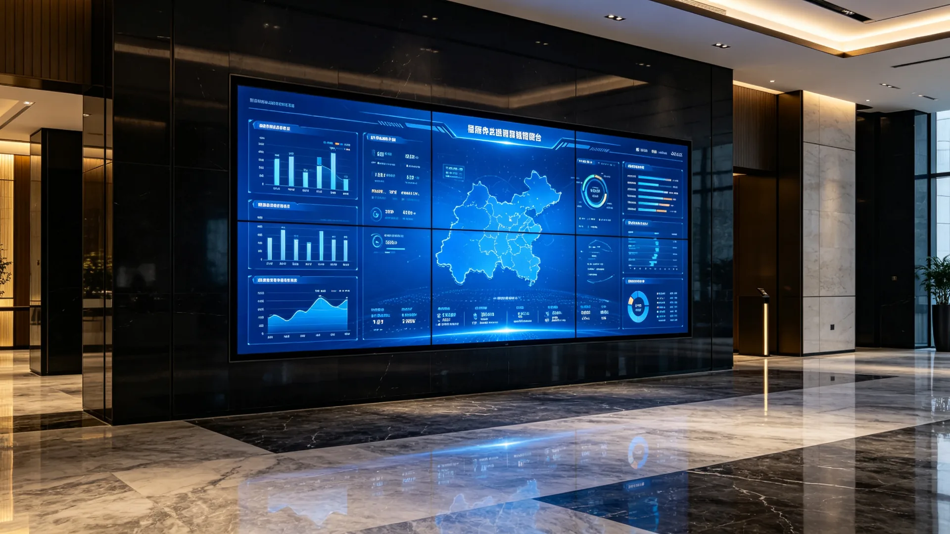 LCD video wall installed in a modern corporate lobby showing a data dashboard