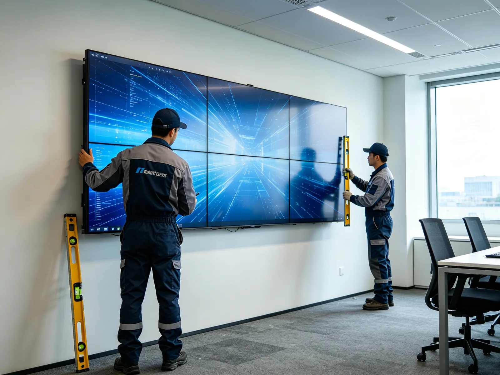 Technicians installing LCD video wall panels on an office wall