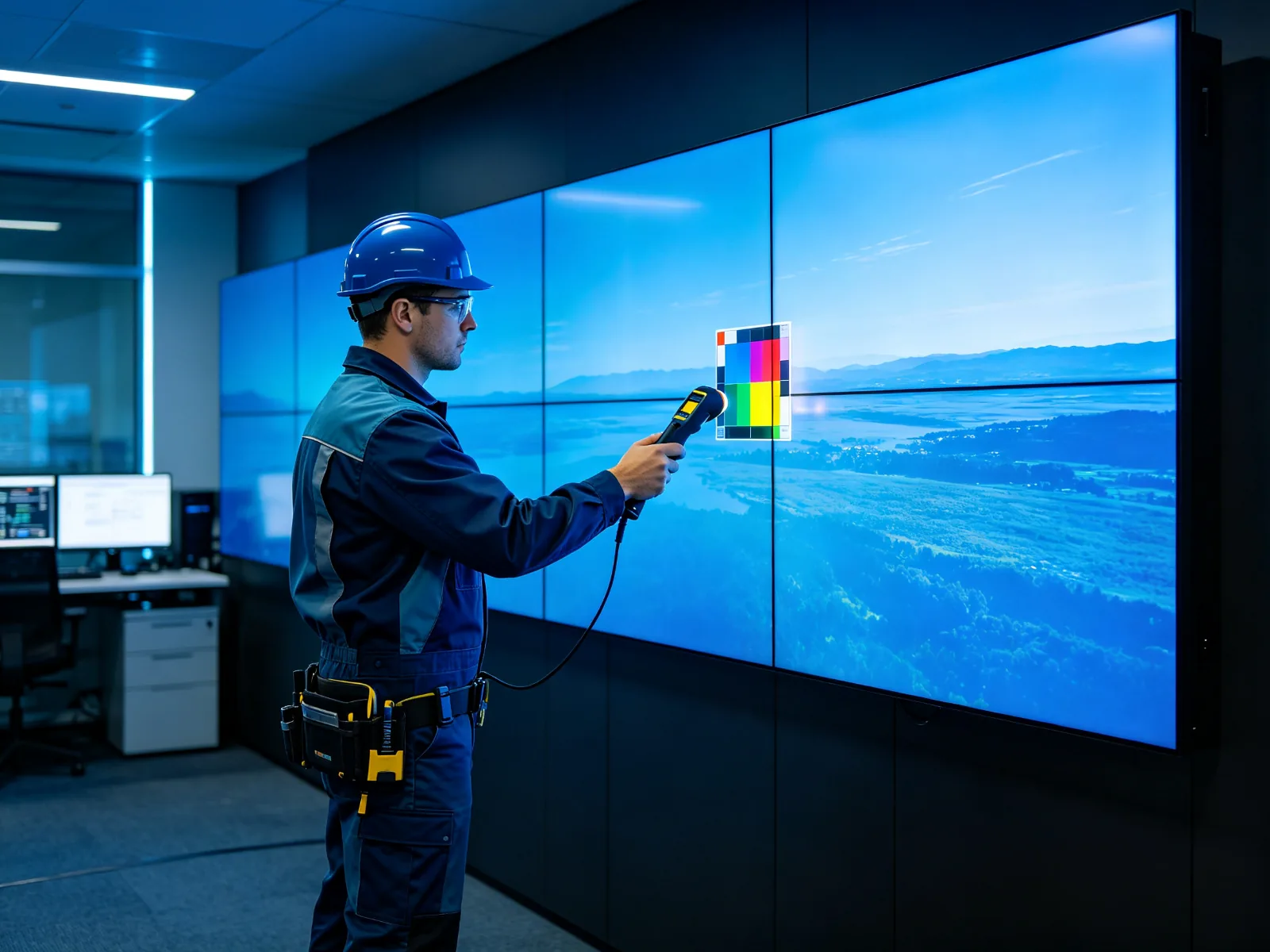 Service technician calibrating an LCD video wall in a control room