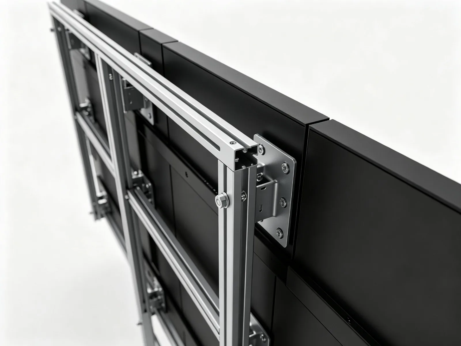 Modular LCD video wall panels on a steel wall-mount frame