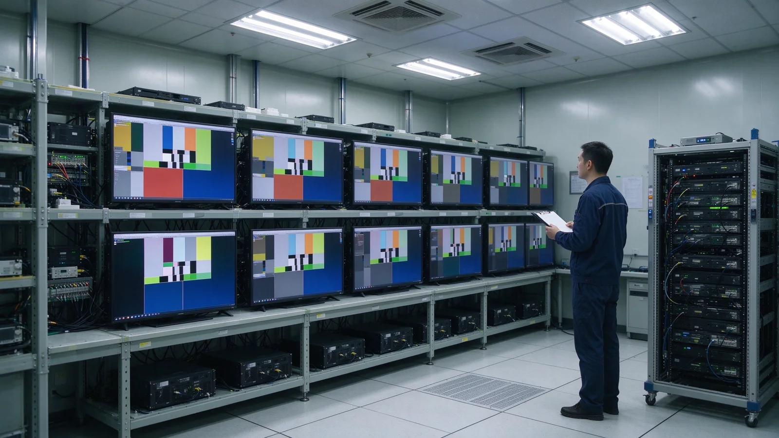 QTenboard QC aging test room with LCD video wall units running test patterns