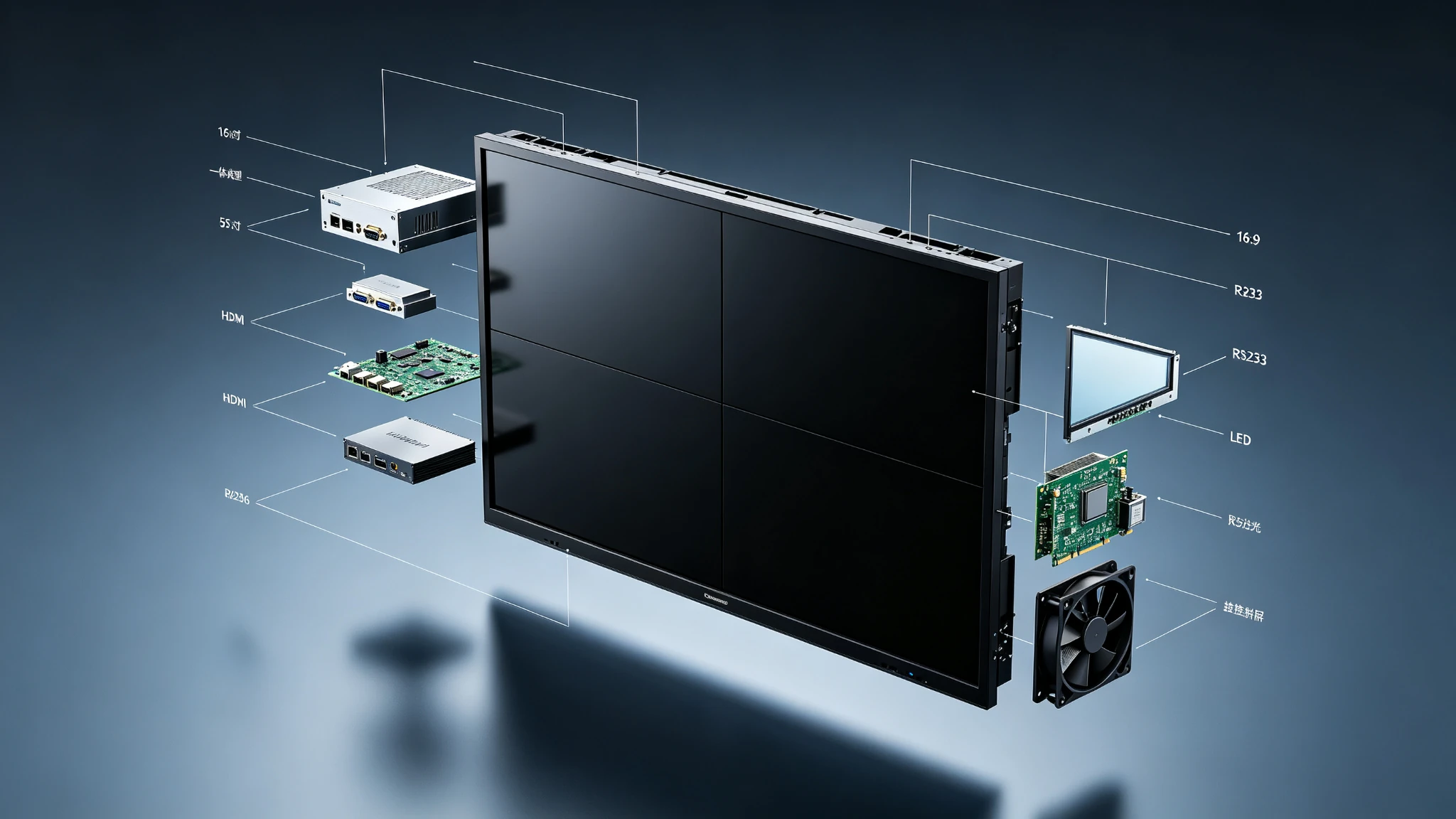 Exploded structure view of video wall unit with internal modules